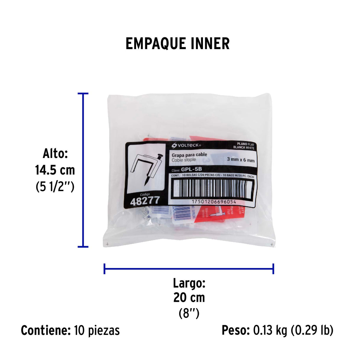 Grapa para cable plano, 3 X 6 mm, blanca, bolsa 20 pzas