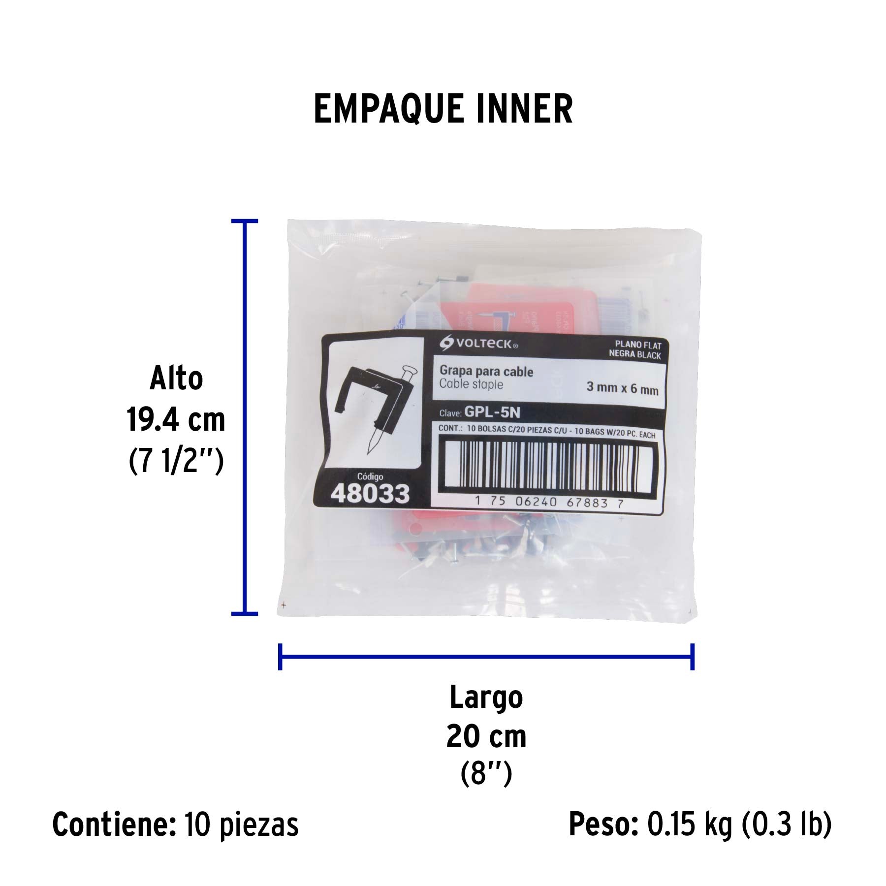 GRAPA PARA CABLE PLANO 3 x 6 mm, negra, bolsa 20 pzas