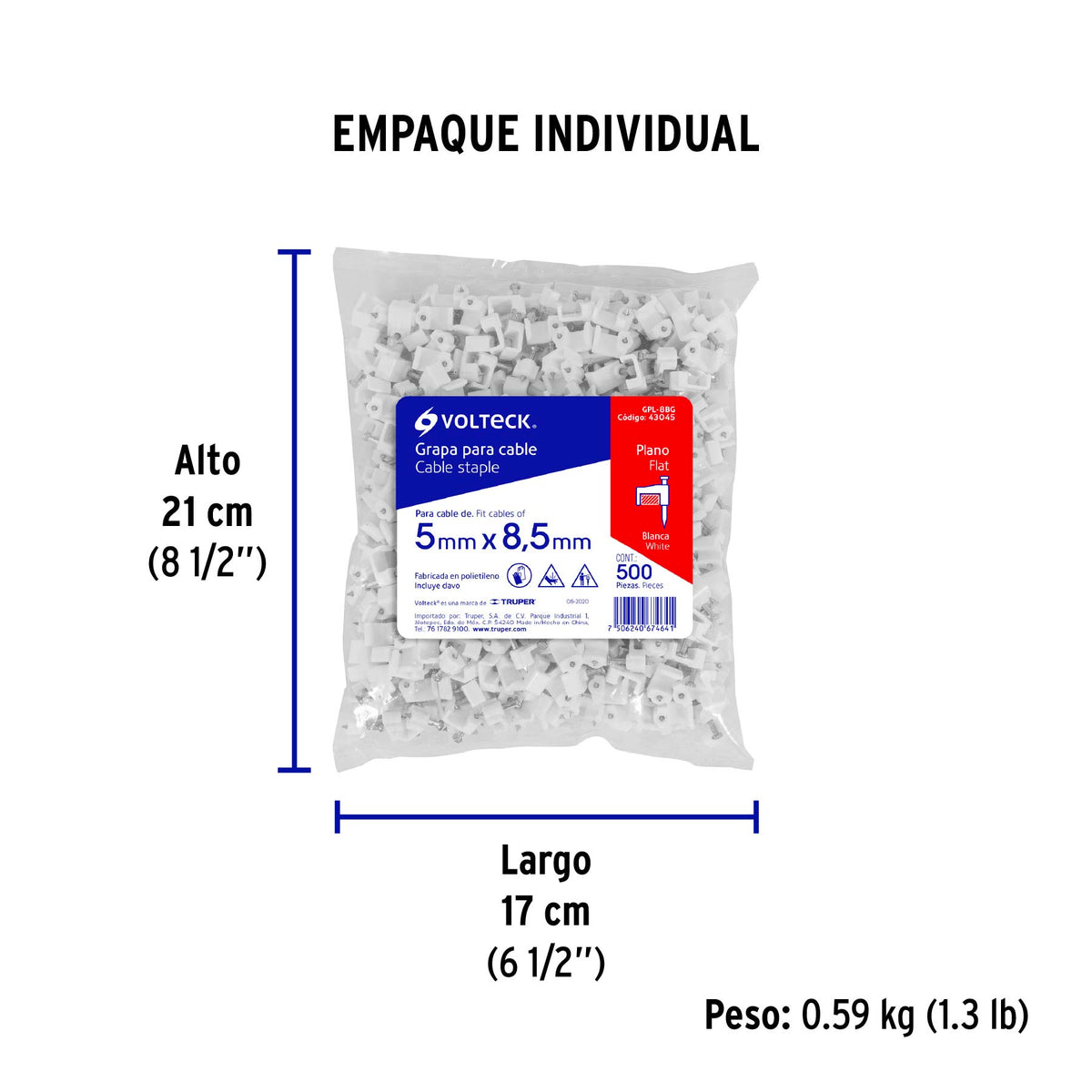 Grapa para cable plano, 5 X 8.5 mm, blanca, bolsa 500 pzas