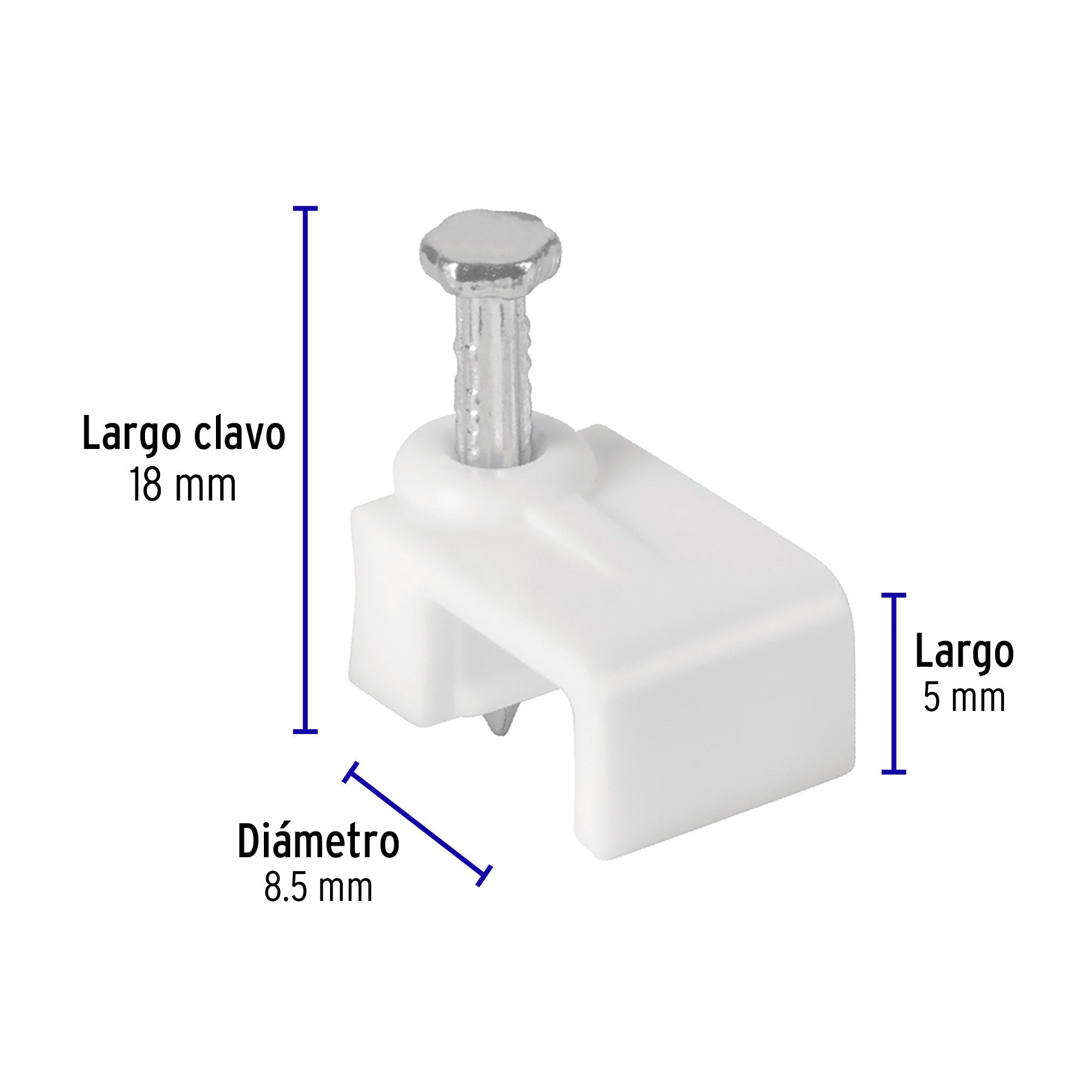 Grapa para cable plano, 5 X 8.5 mm, blanca, bolsa 500 pzas