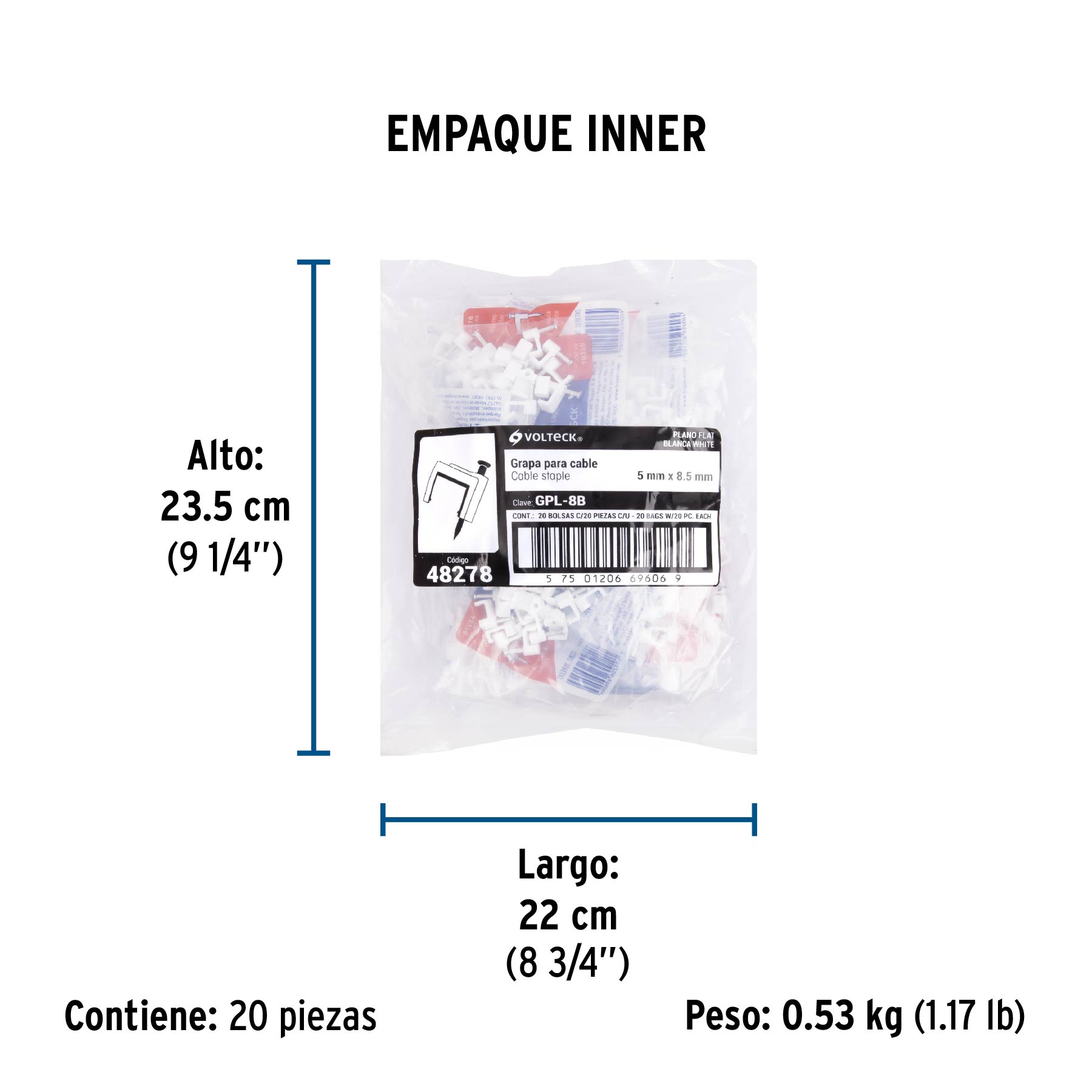 Grapa para cable plano, 5 X 8.5 mm, blanca, bolsa 20 pzas