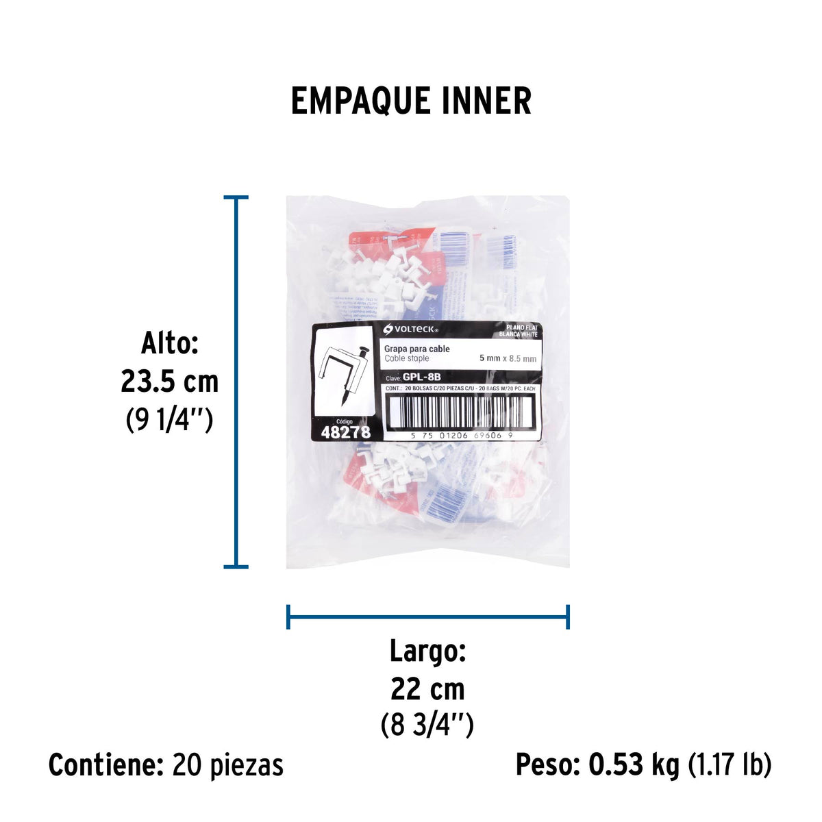 Grapa para cable plano, 5 X 8.5 mm, blanca, bolsa 20 pzas