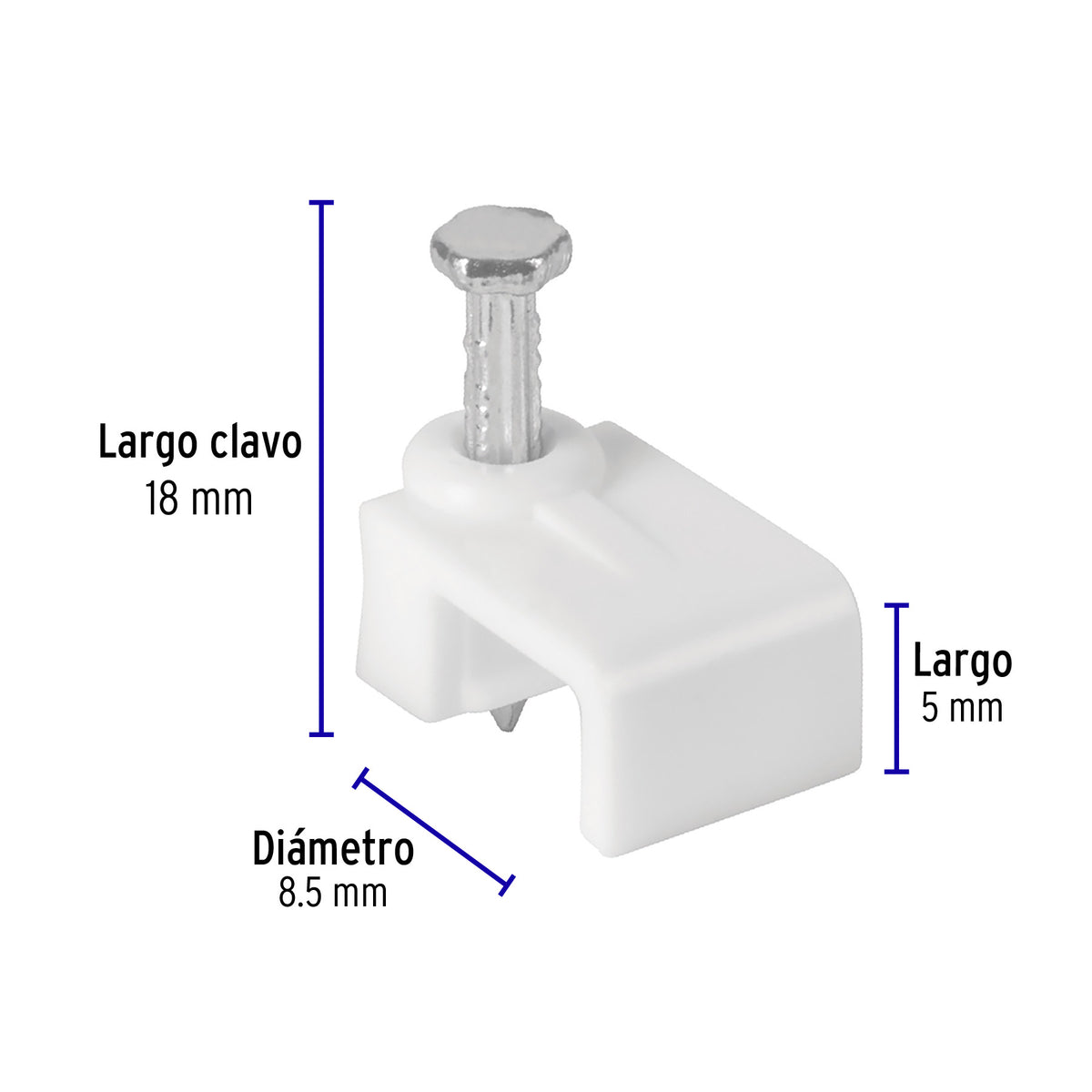 Grapa para cable plano, 5 X 8.5 mm, blanca, bolsa 20 pzas