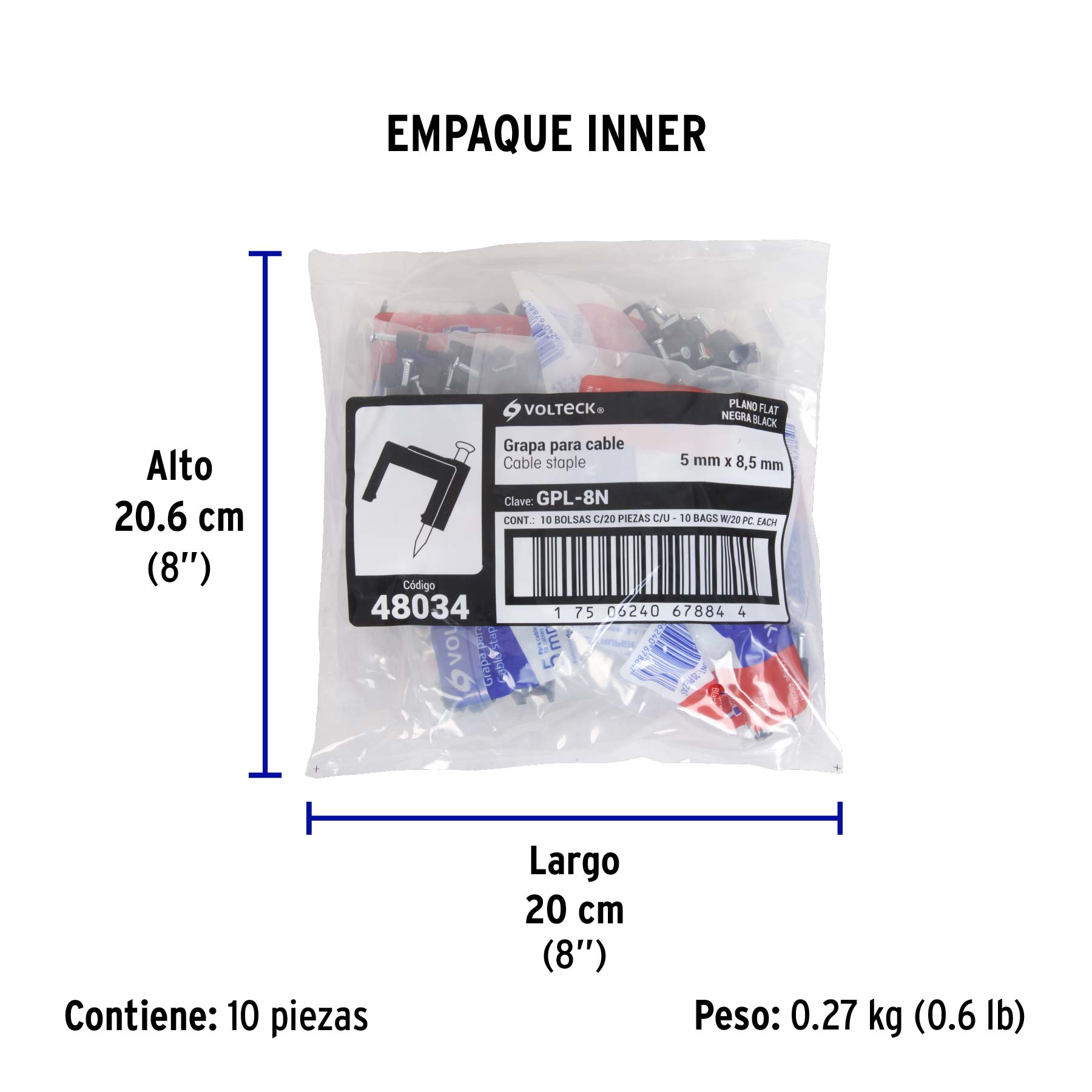 GRAPA PARA CABLE PLANO 5 x 8.5 mm, negra, bolsa 20 pzas