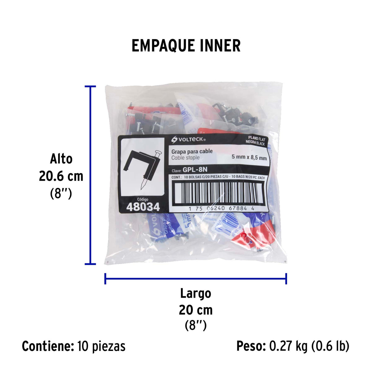 GRAPA PARA CABLE PLANO 5 x 8.5 mm, negra, bolsa 20 pzas