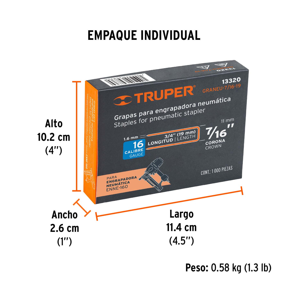 Grapas para engrapadora neumática ENEU-7/16, 19mm, 1000pzas
