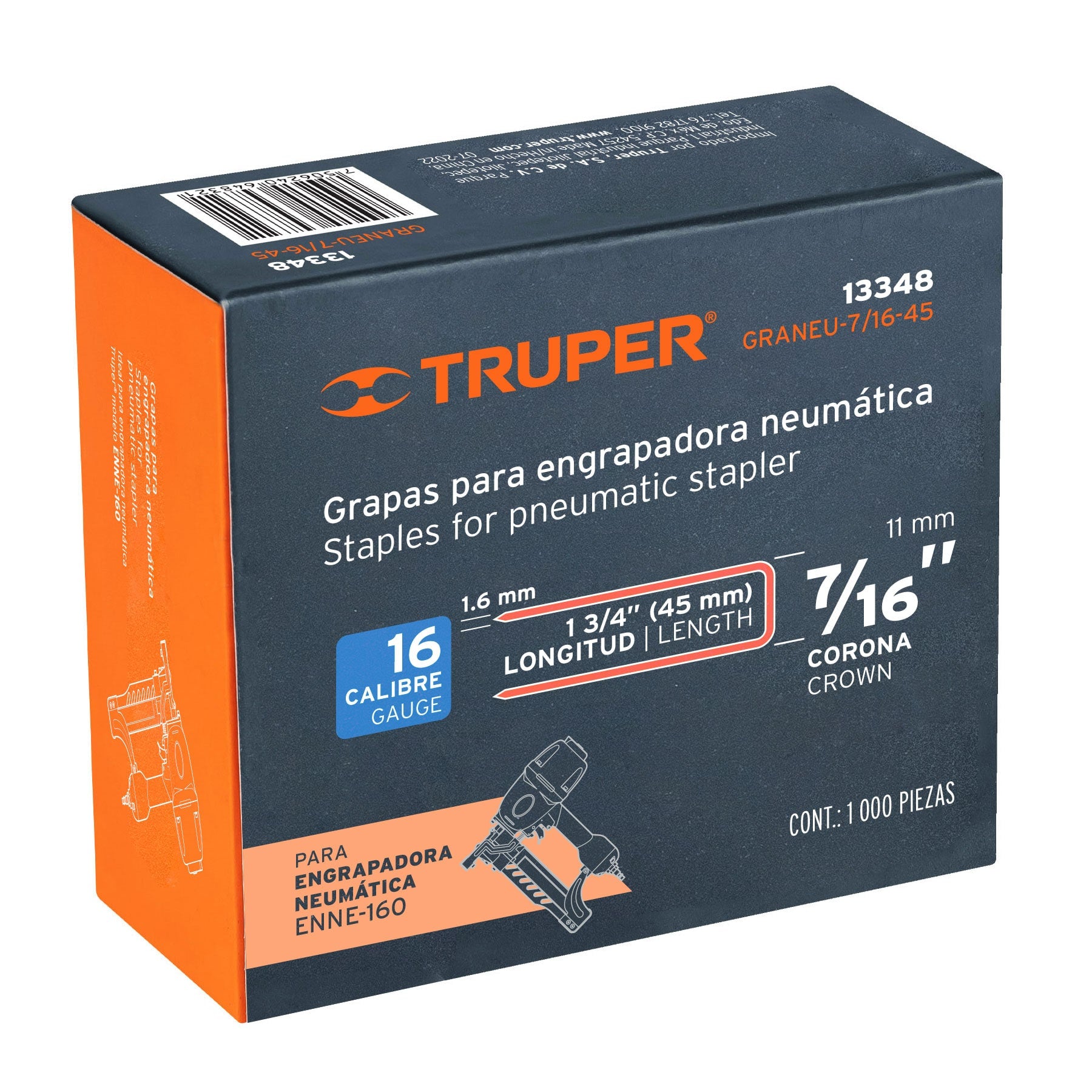Grapas para engrapadora neumática ENEU-7/16, 45mm, 1000pzas