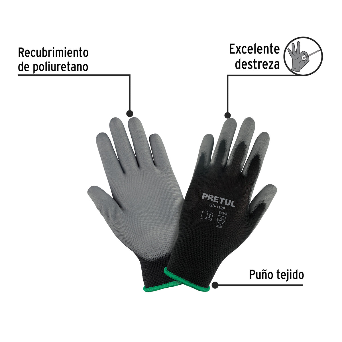 Guantes de nylon recubiertos de poliuretano, medianos,Pretul