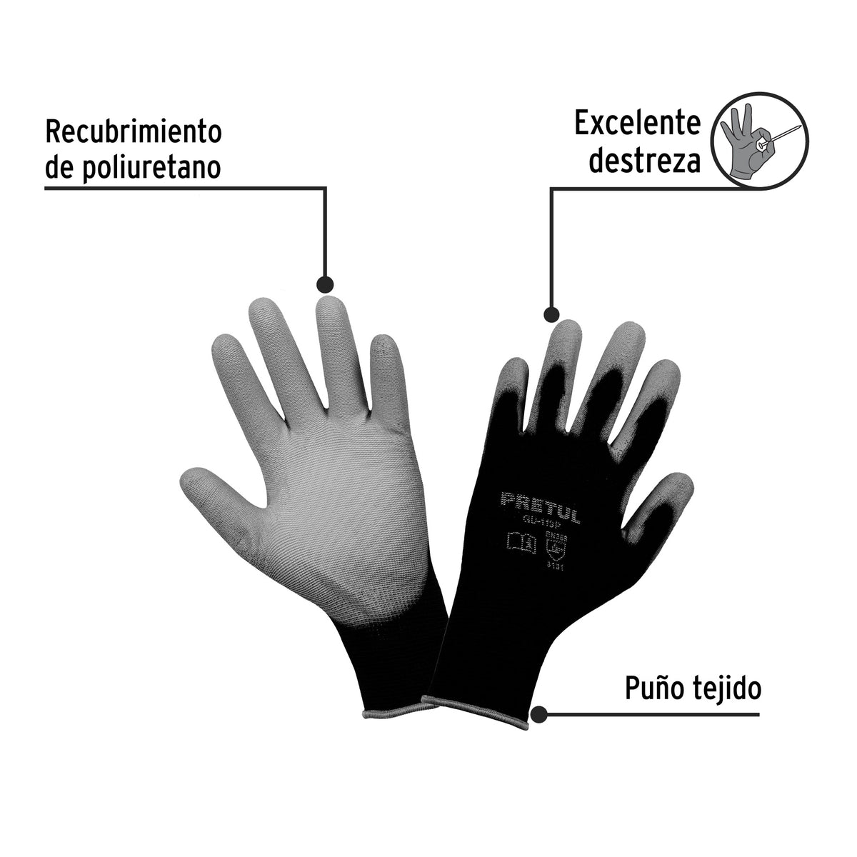 Guantes de nylon recubiertos de poliuretano, grandes, Pretul