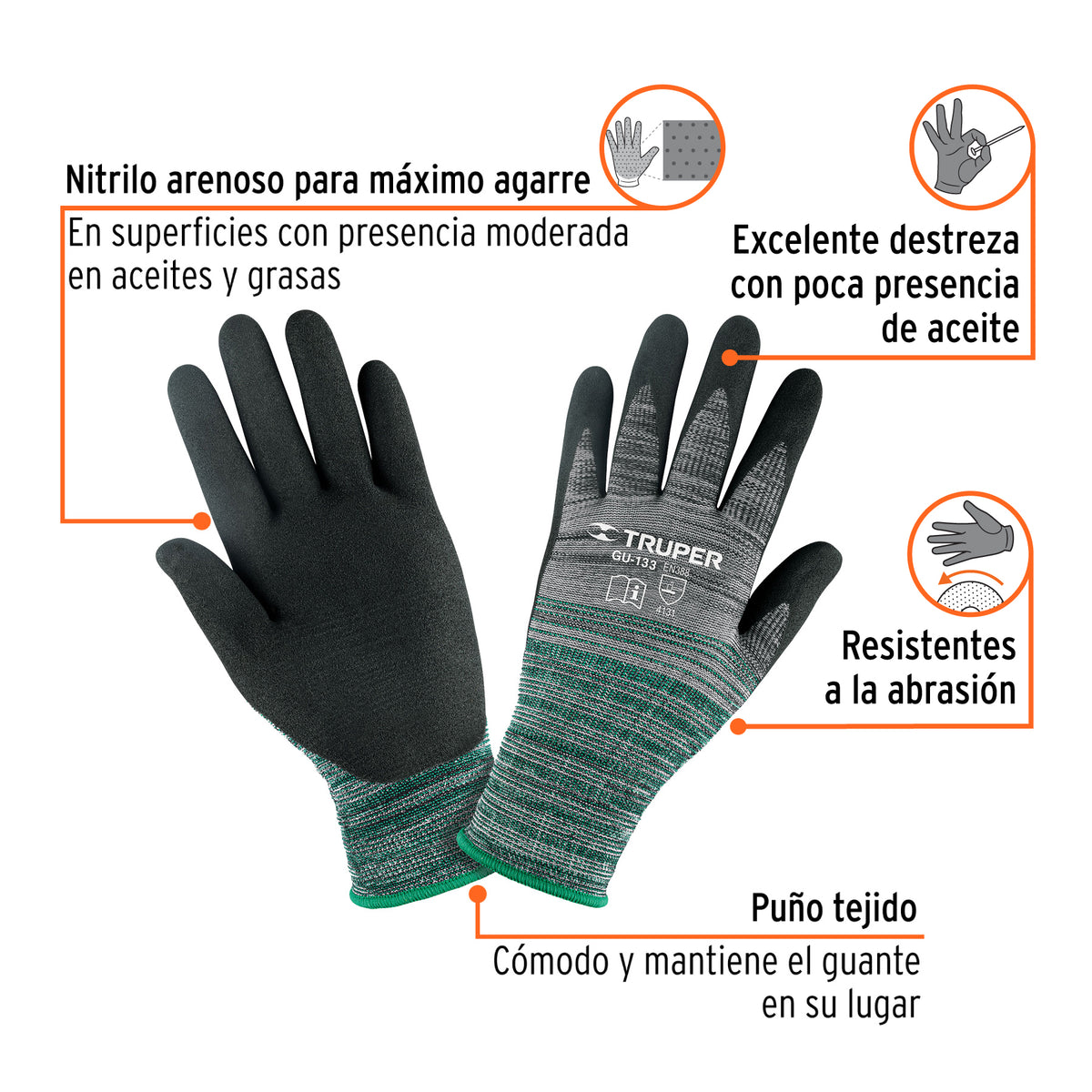 Guantes de nylon recubiertos de nitrilo arenoso, grandes