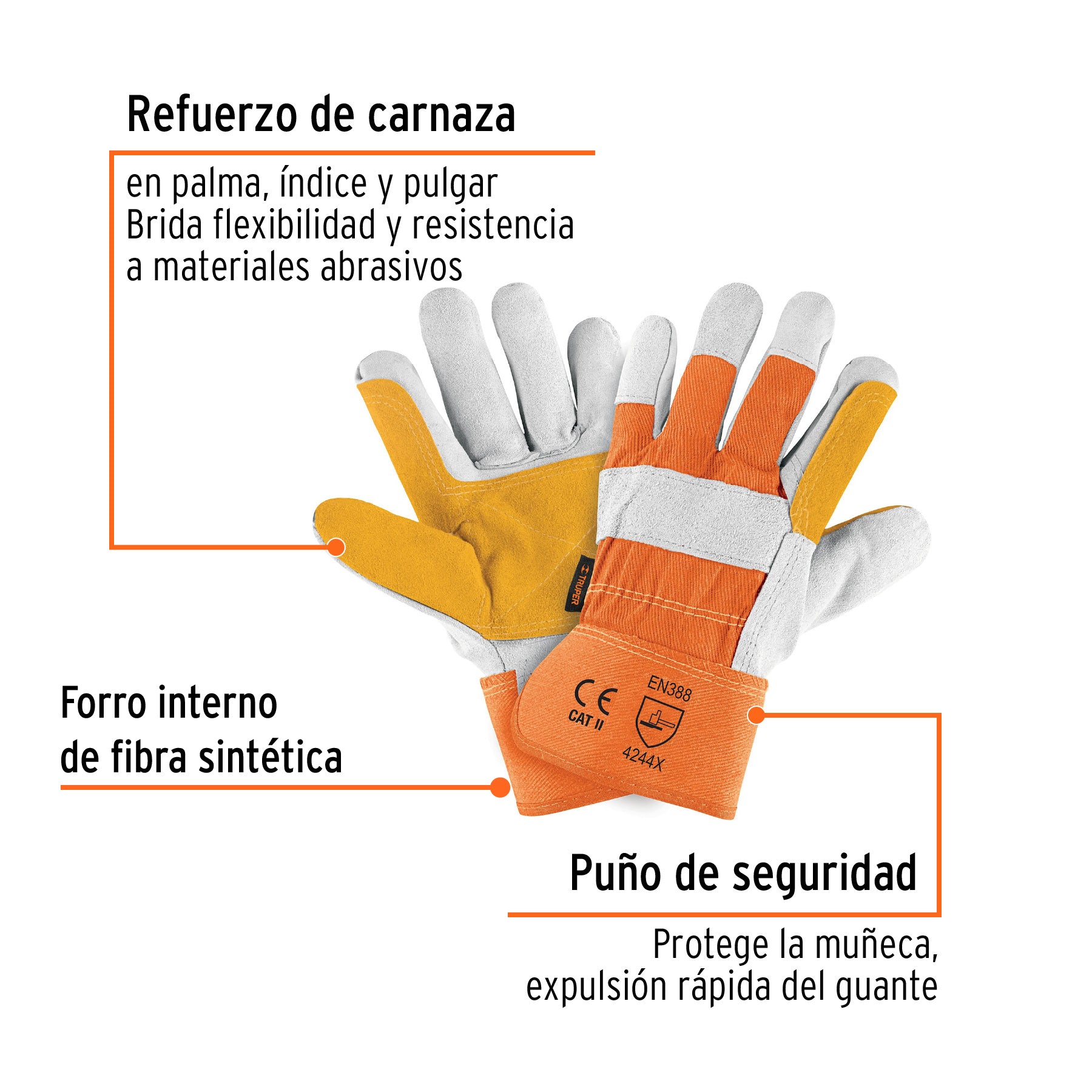 Guantes de carnaza y loneta, con refuerzo, grande