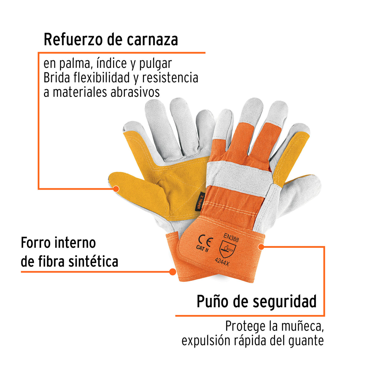 Guantes de carnaza y loneta, con refuerzo, grande