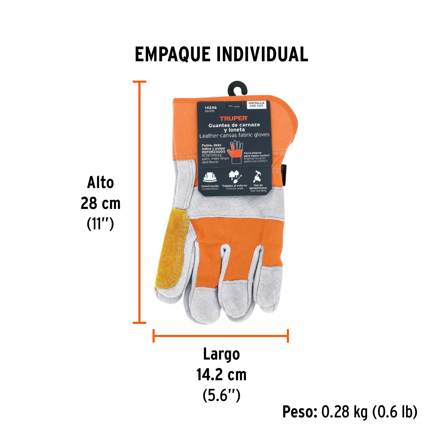 Guantes de carnaza y loneta, con refuerzo, grande
