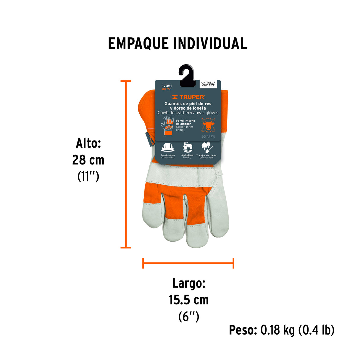 Guantes de piel de res y dorso de loneta