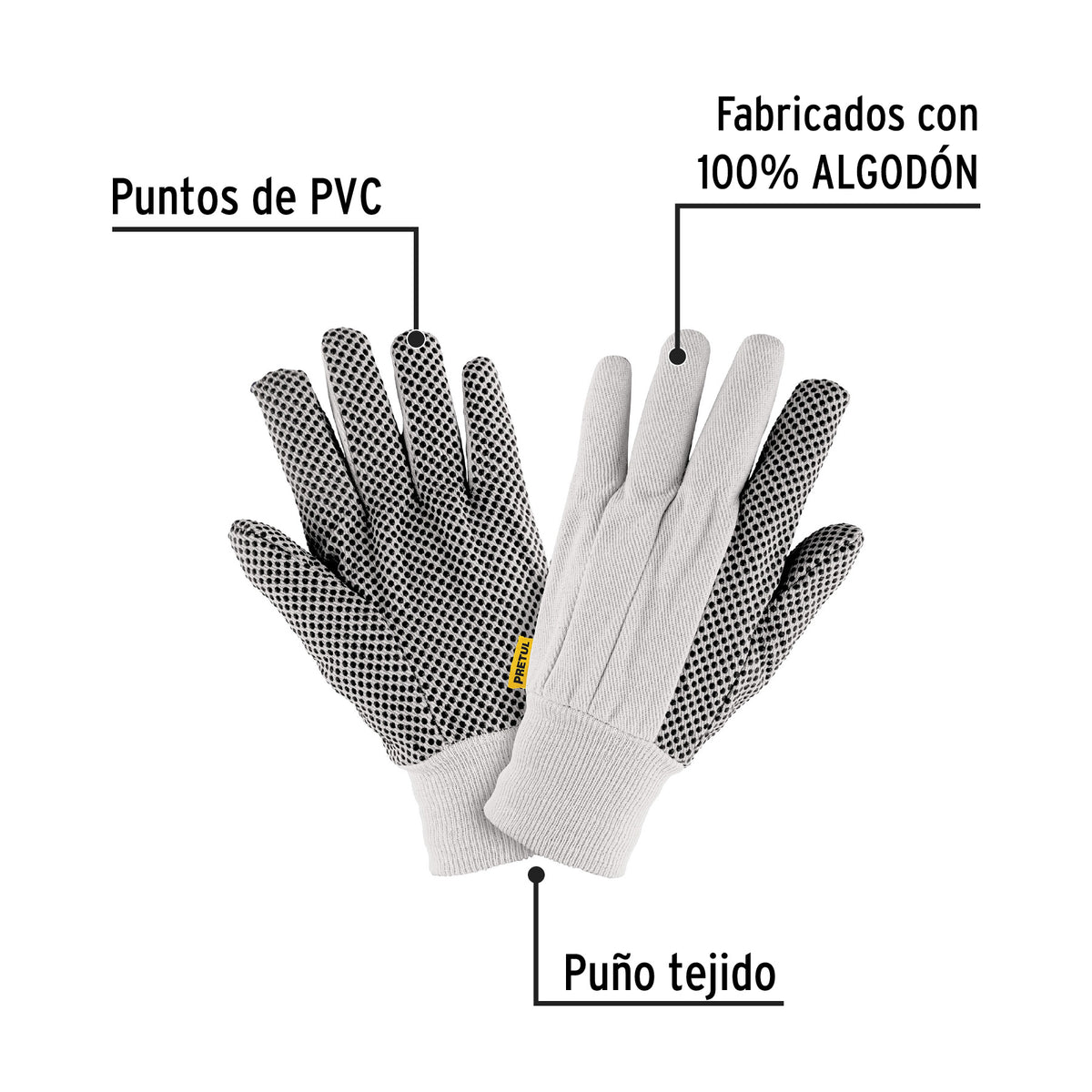 Guantes de algodón con puntos de PVC, palmas y dorso, Pretul