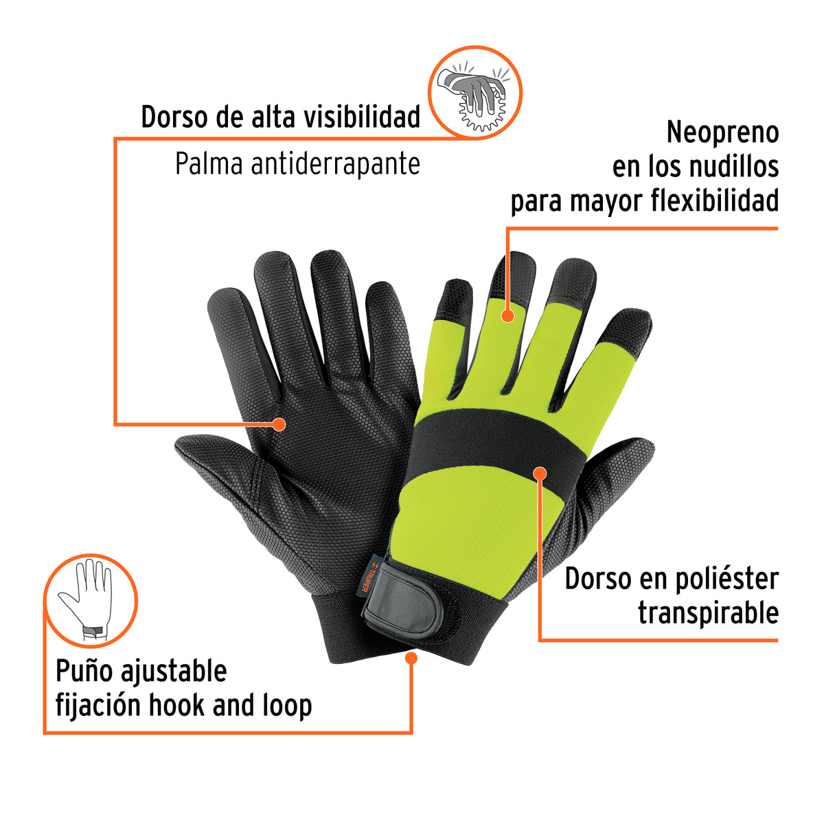 Guantes mecánico, alta visibilidad, palma poliuretano, verde