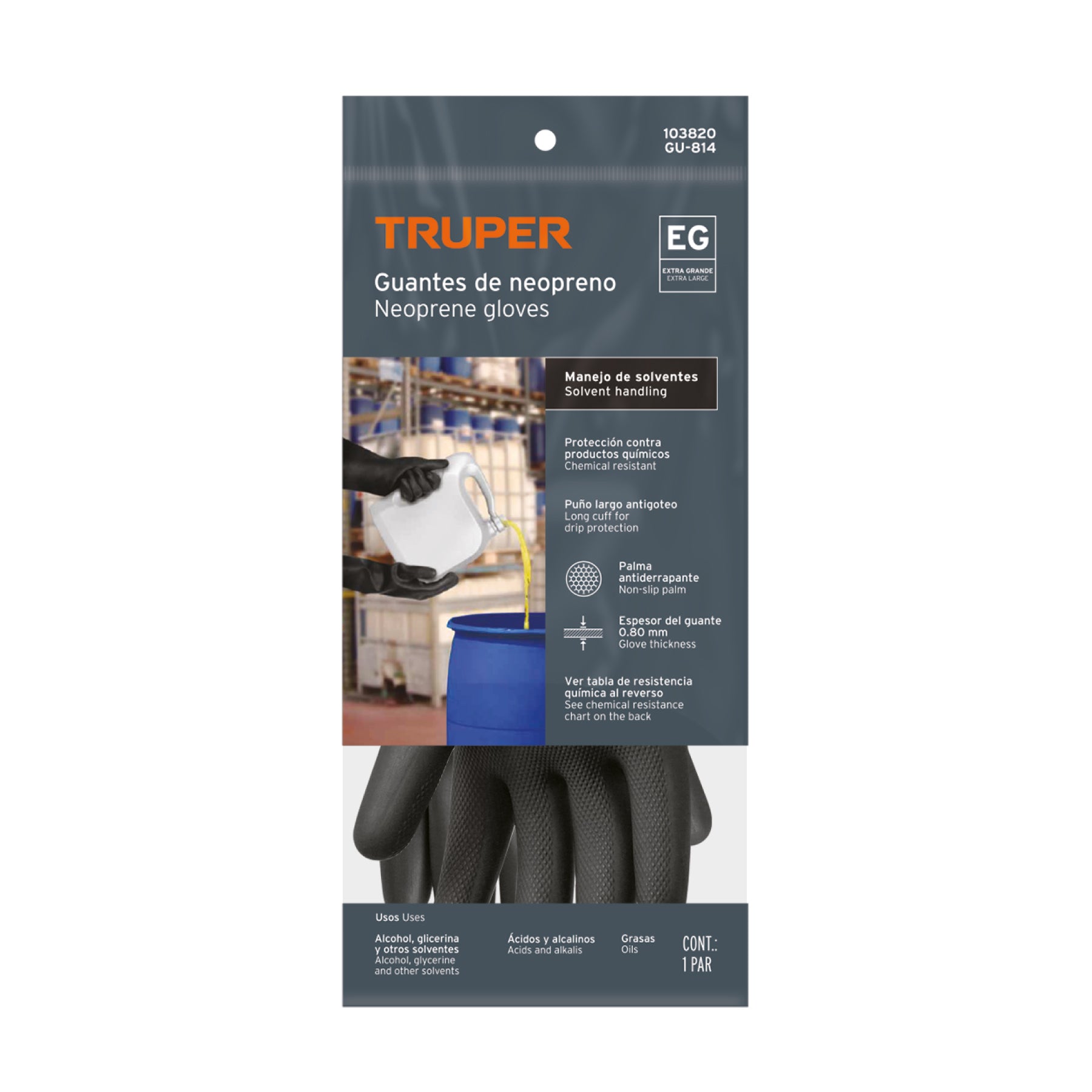 Guantes de neopreno p/manejo de químicos, XG, Truper