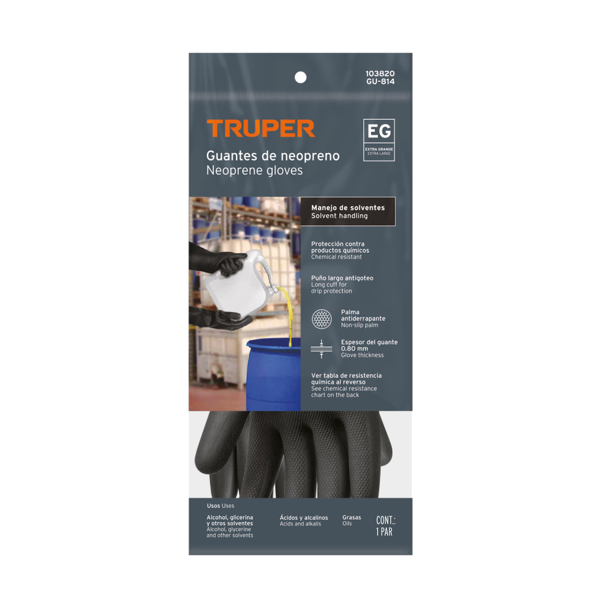 Guantes de neopreno p/manejo de químicos, XG, Truper