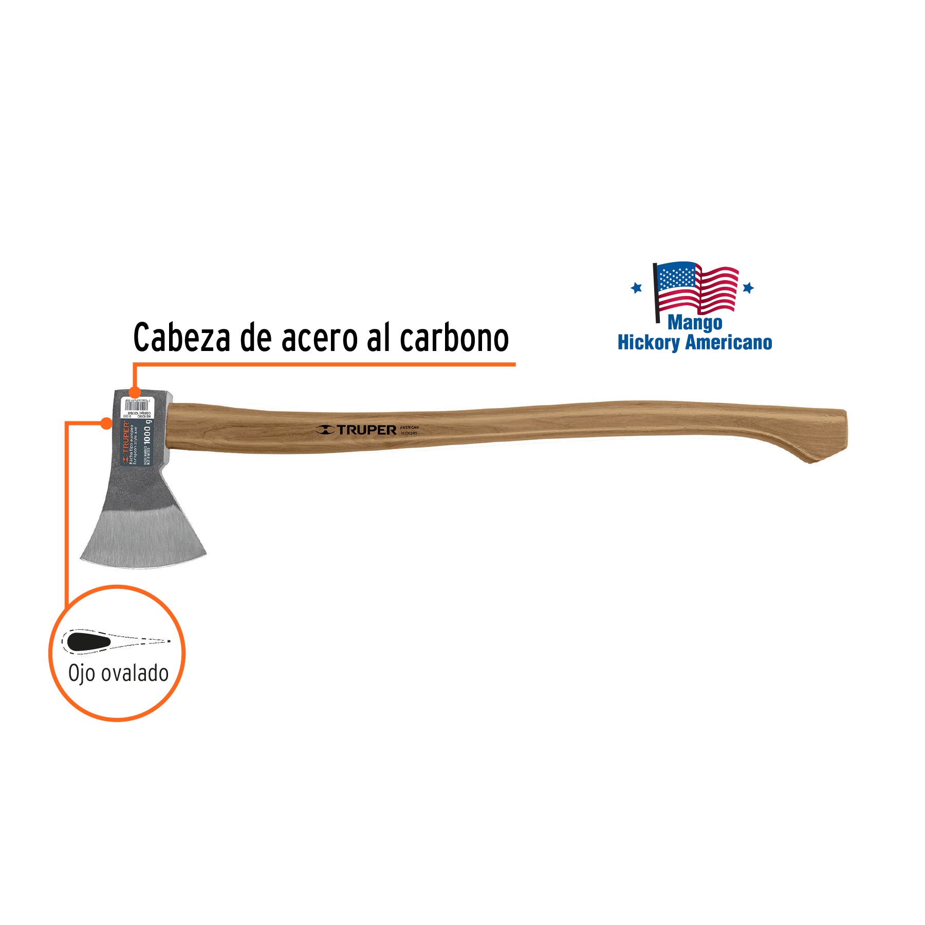 Hacha europea 1 kg, mango Hickory 28'