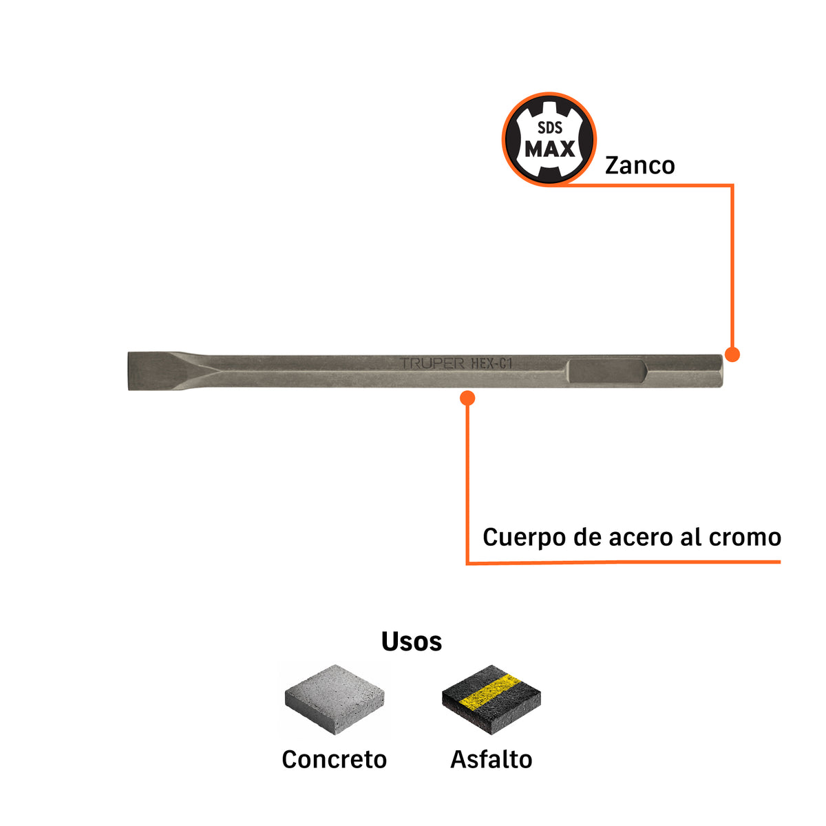 Cincel plano zanco hexagonal de 1 1/8', de 20' X 1.5'