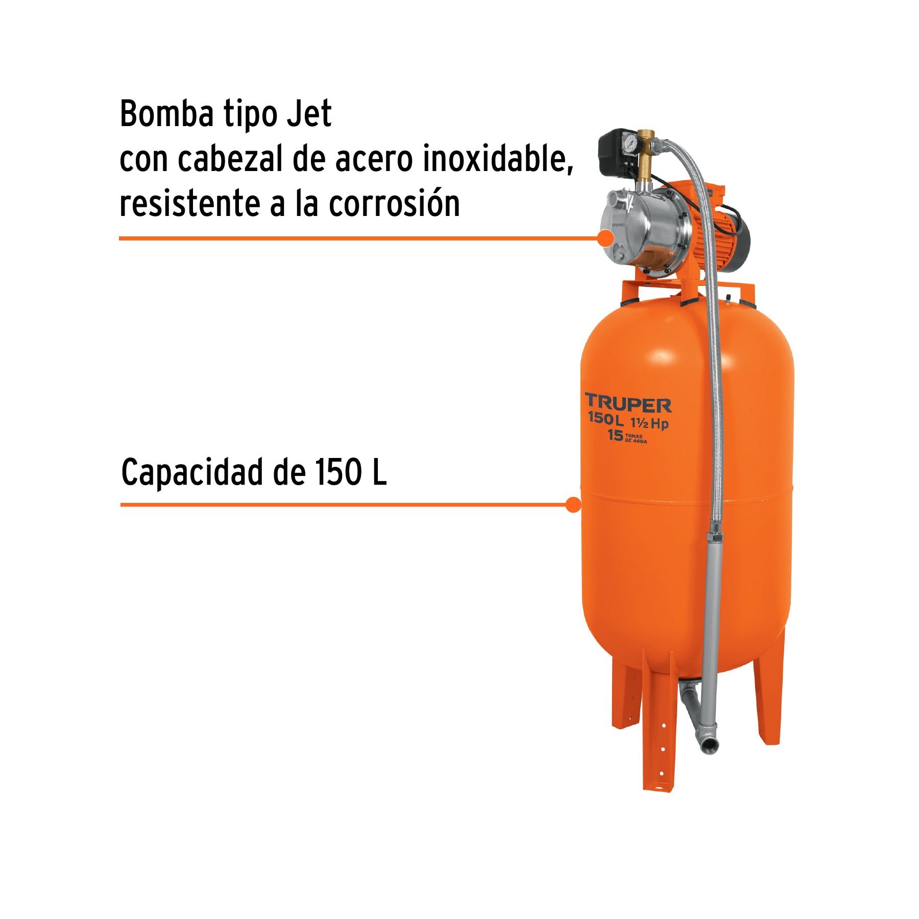 Bomba hidroneumática 1-1/2 HP, 150 litros