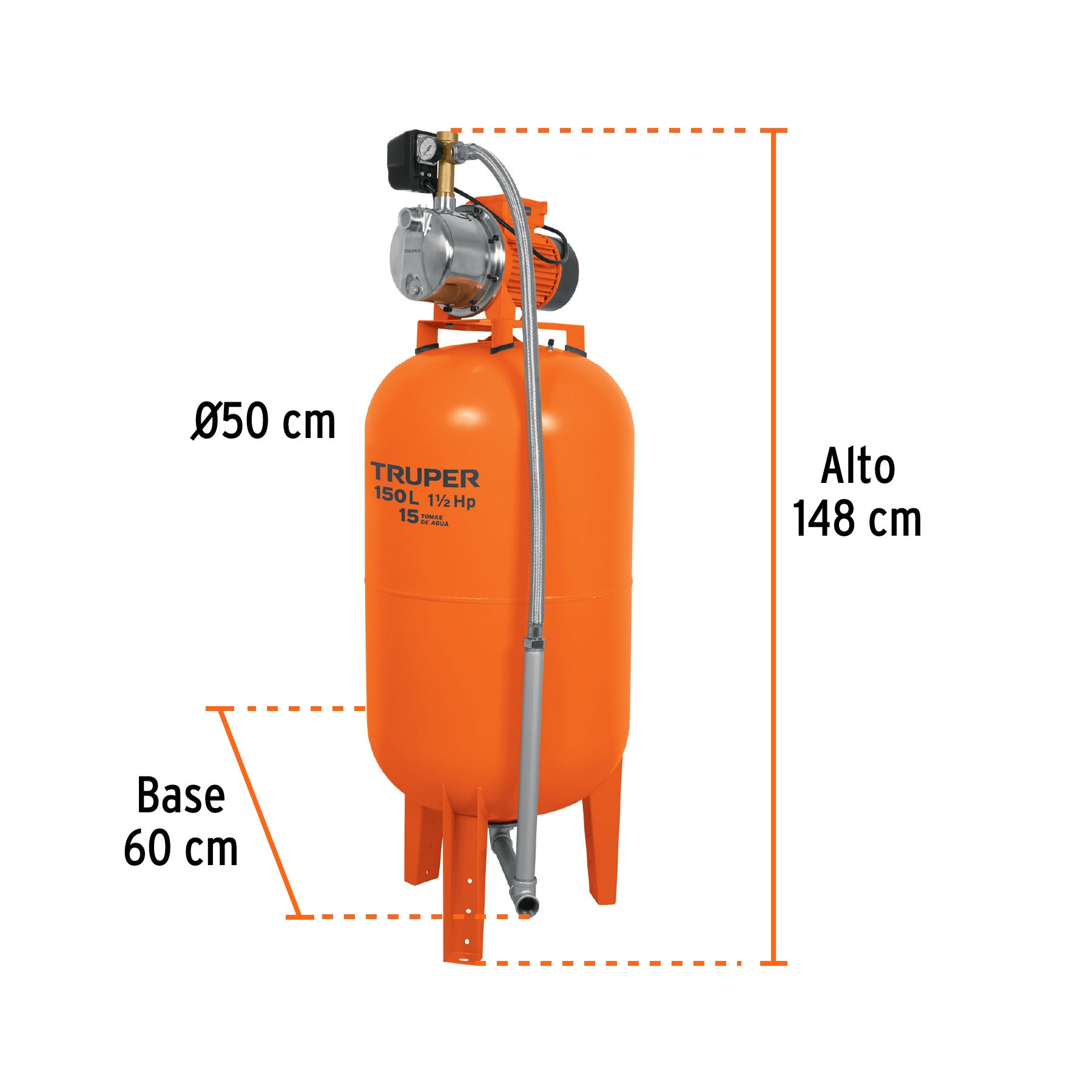 Bomba hidroneumática 1-1/2 HP, 150 litros