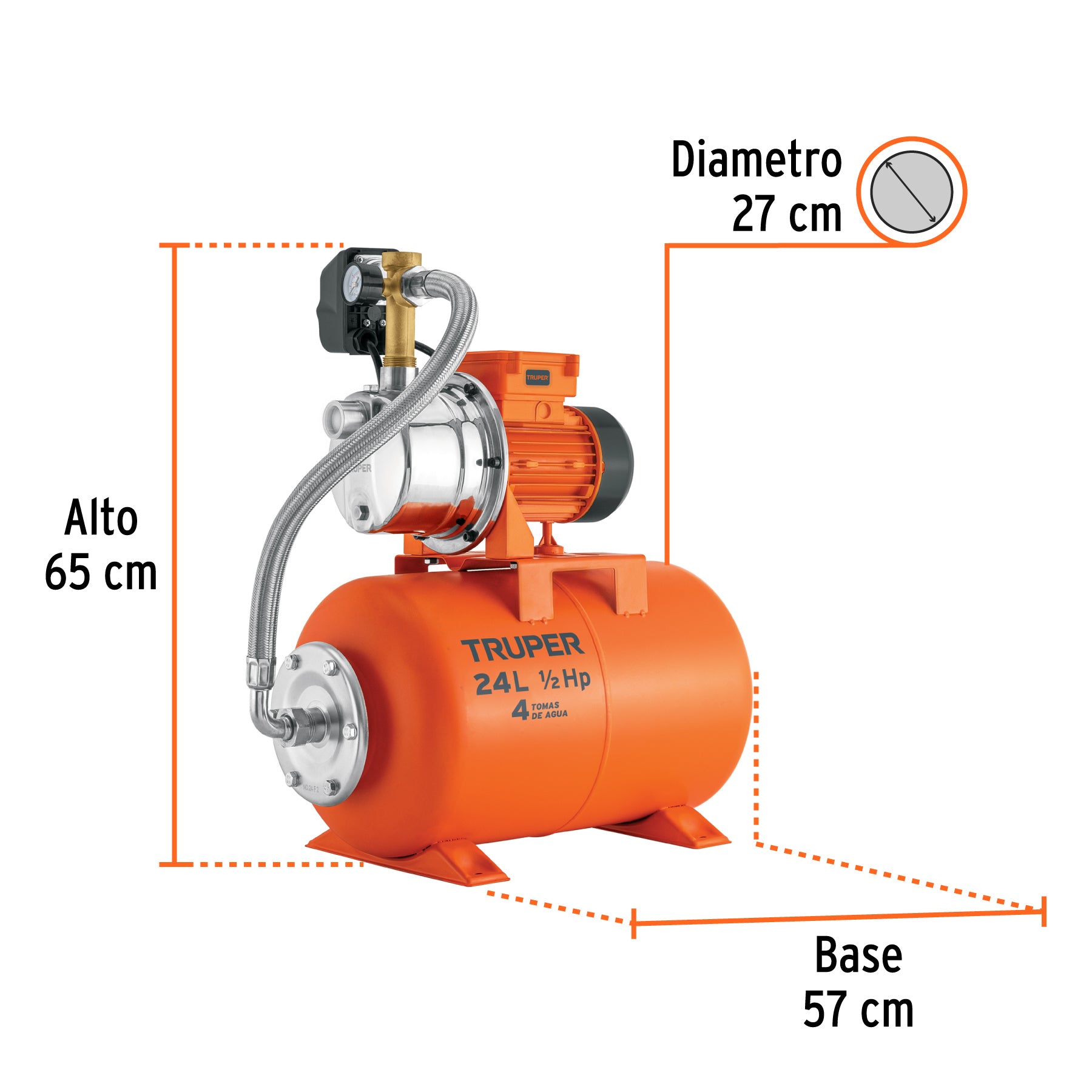Bomba hidroneumática 1/2 HP, 24 litros
