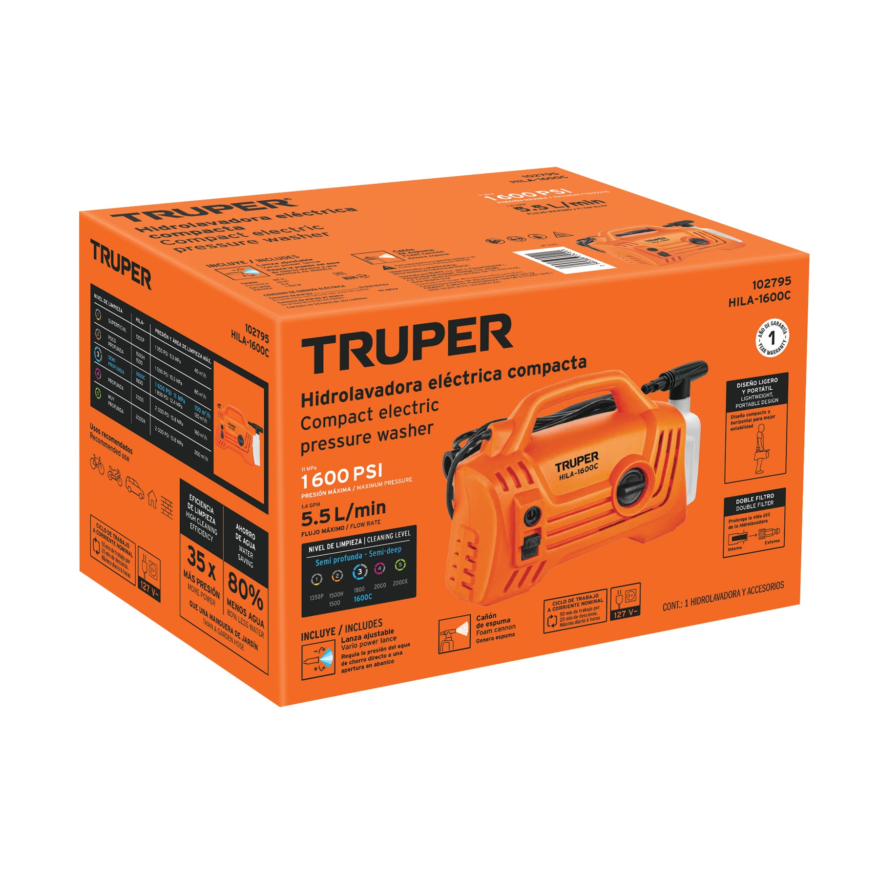 Hidrolavadora eléctrica compacta 1600 PSI, Truper