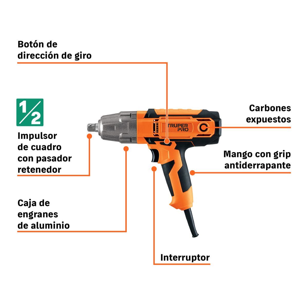 Llave de impacto 1/2' 550W, 258 ft/lb, TRUPER PRO
