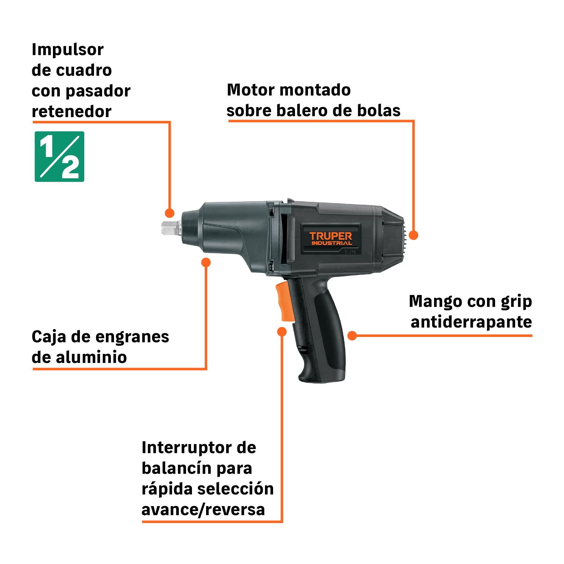 Llave neumática de impacto, industrial, 1/2" de 900 w.