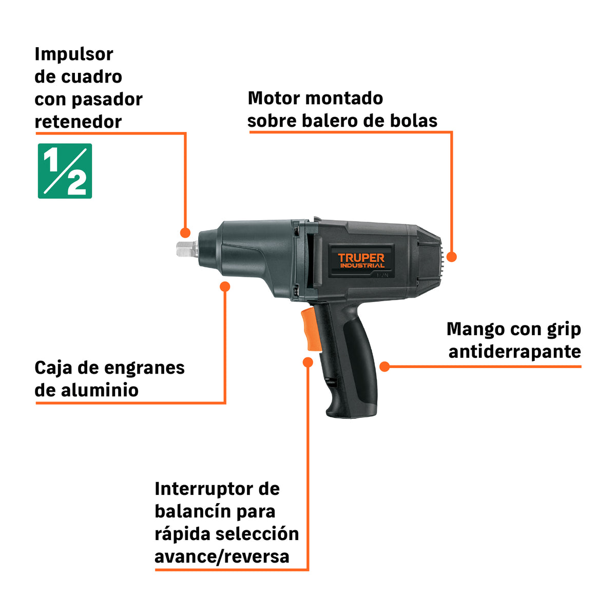 Llave neumática de impacto, industrial, 1/2" de 900 w.