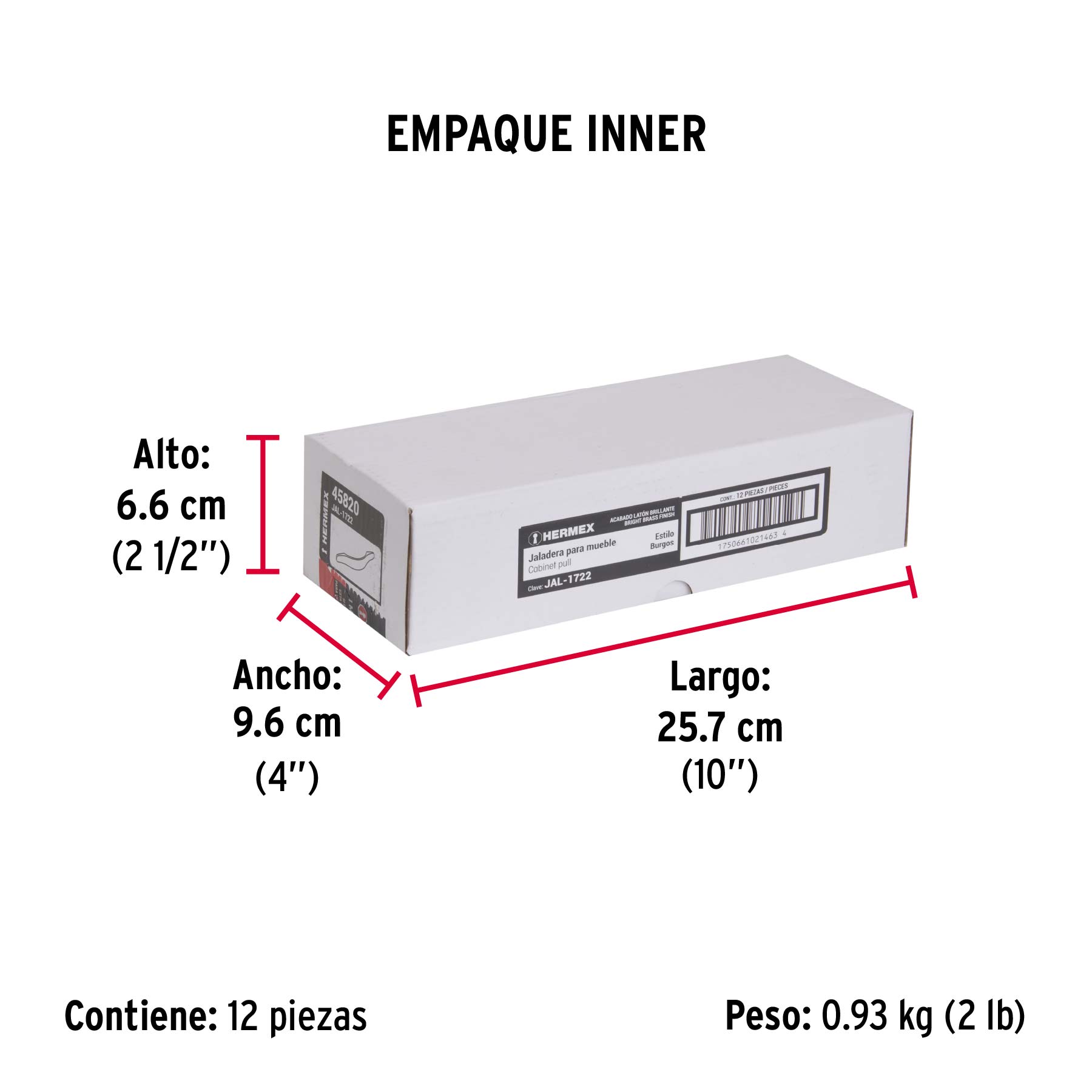 Jaladera de 128mm, línea Burgos, latón brillante, HERMEX