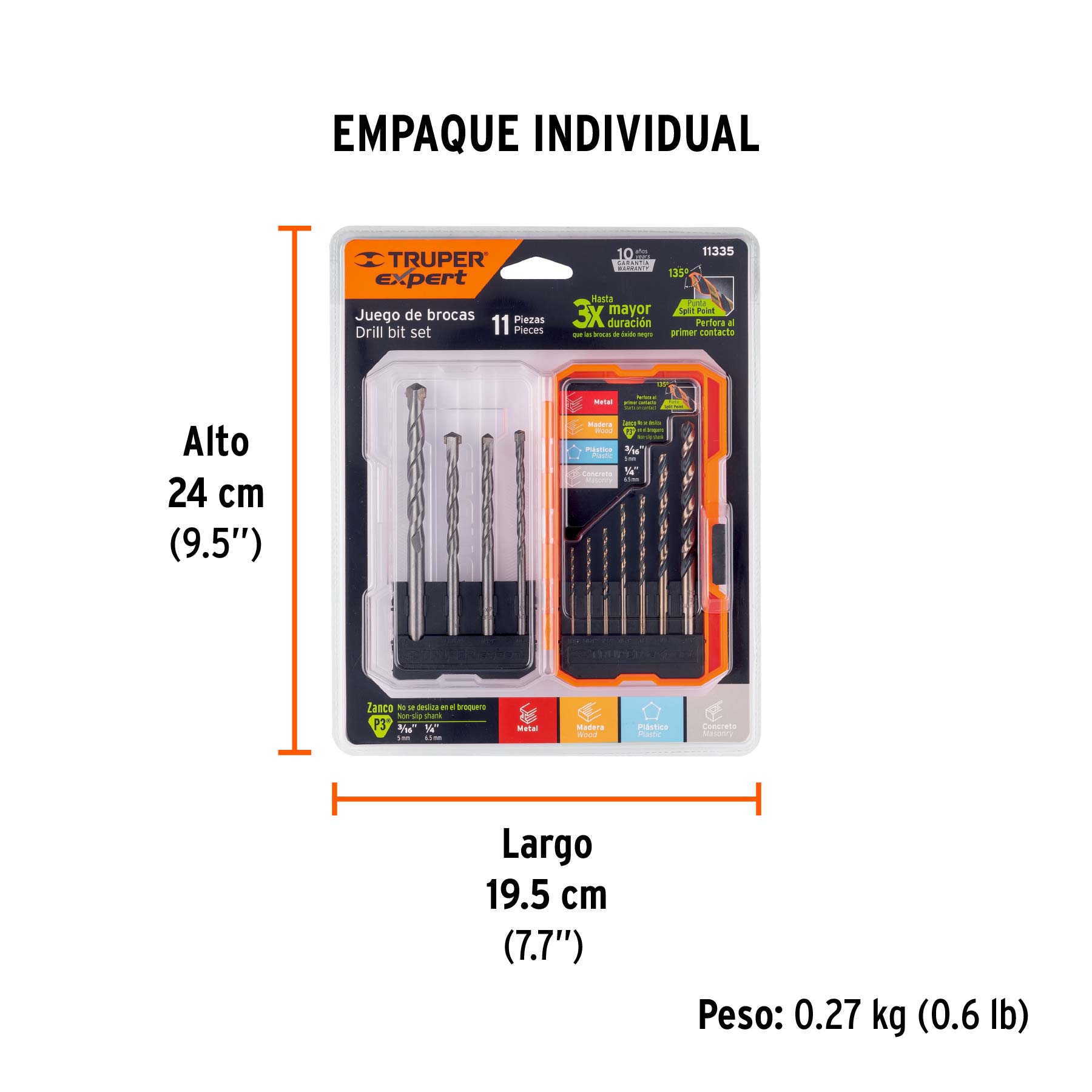 Juego de brocas para metal y concreto, 11 piezas