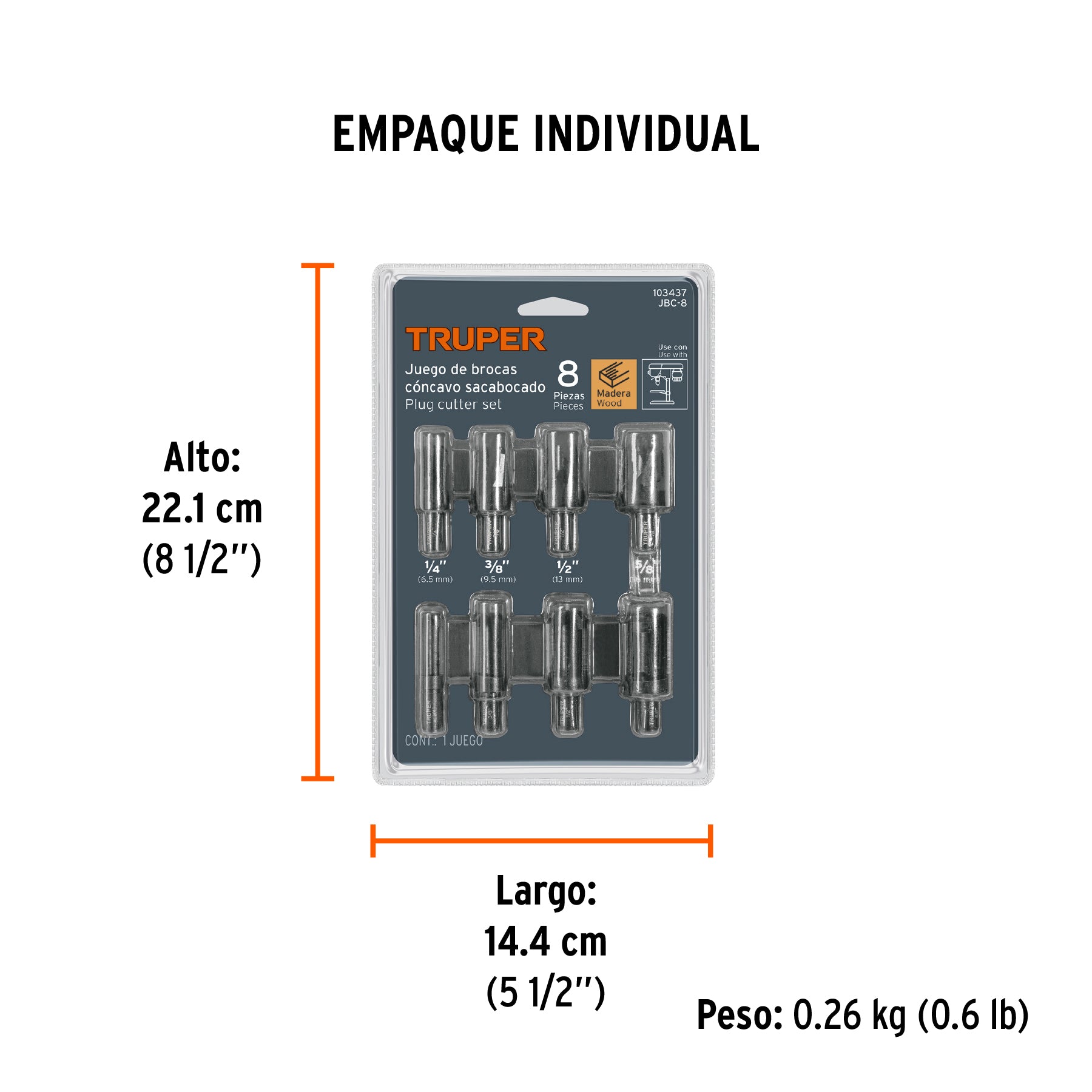 Juego de 8 brocas clavacote para madera, Truper
