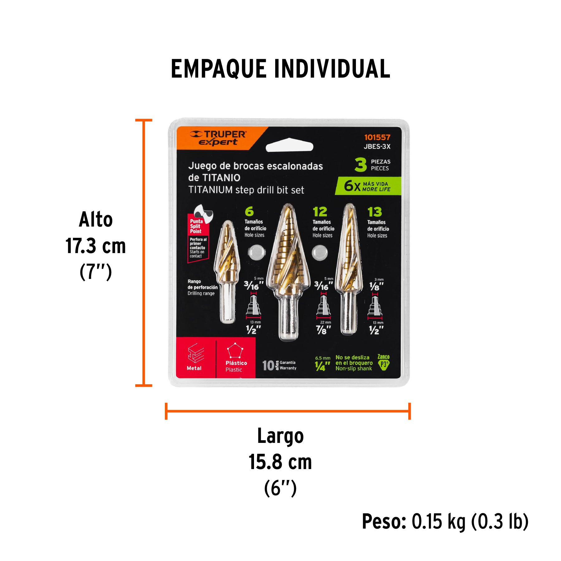 Juego de brocas escalonadas titanio 3 piezas, Expert
