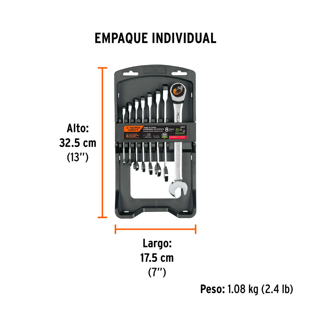 Juego llaves combinadas con matraca, 8 pzas, Truper Expert