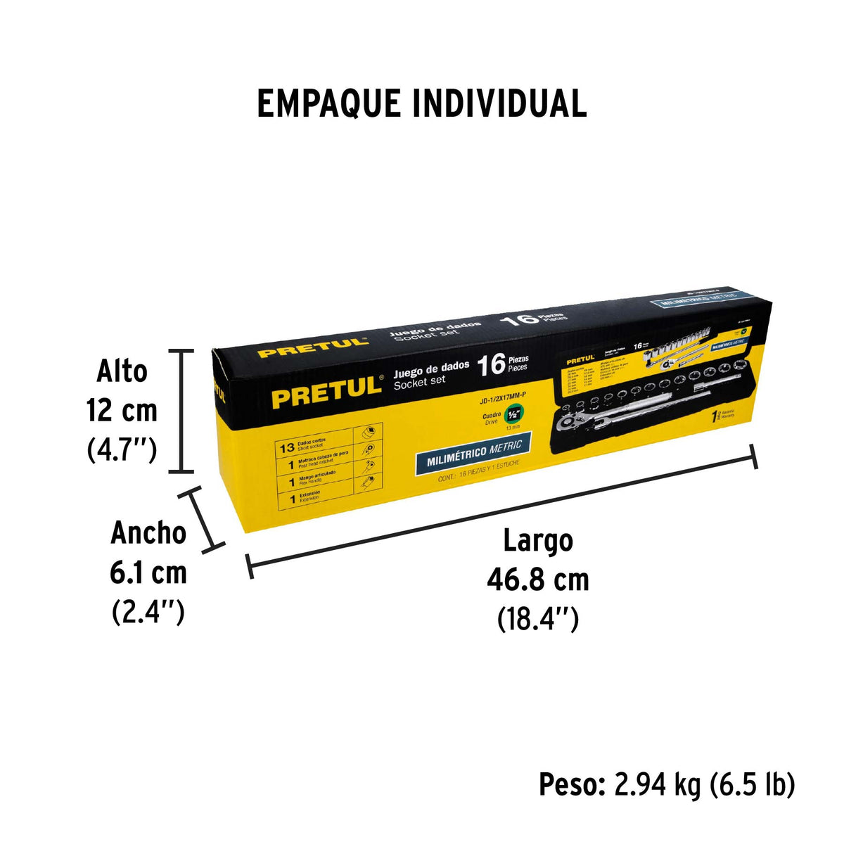 Juego de dados, cuadro 1/2", 16 pzas, milimétricos, Pretul