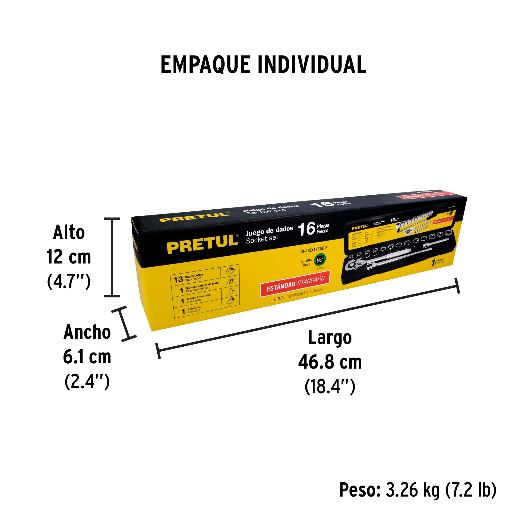 Juego de dados, cuadro 1/2", 16 pzas, standard, Pretul