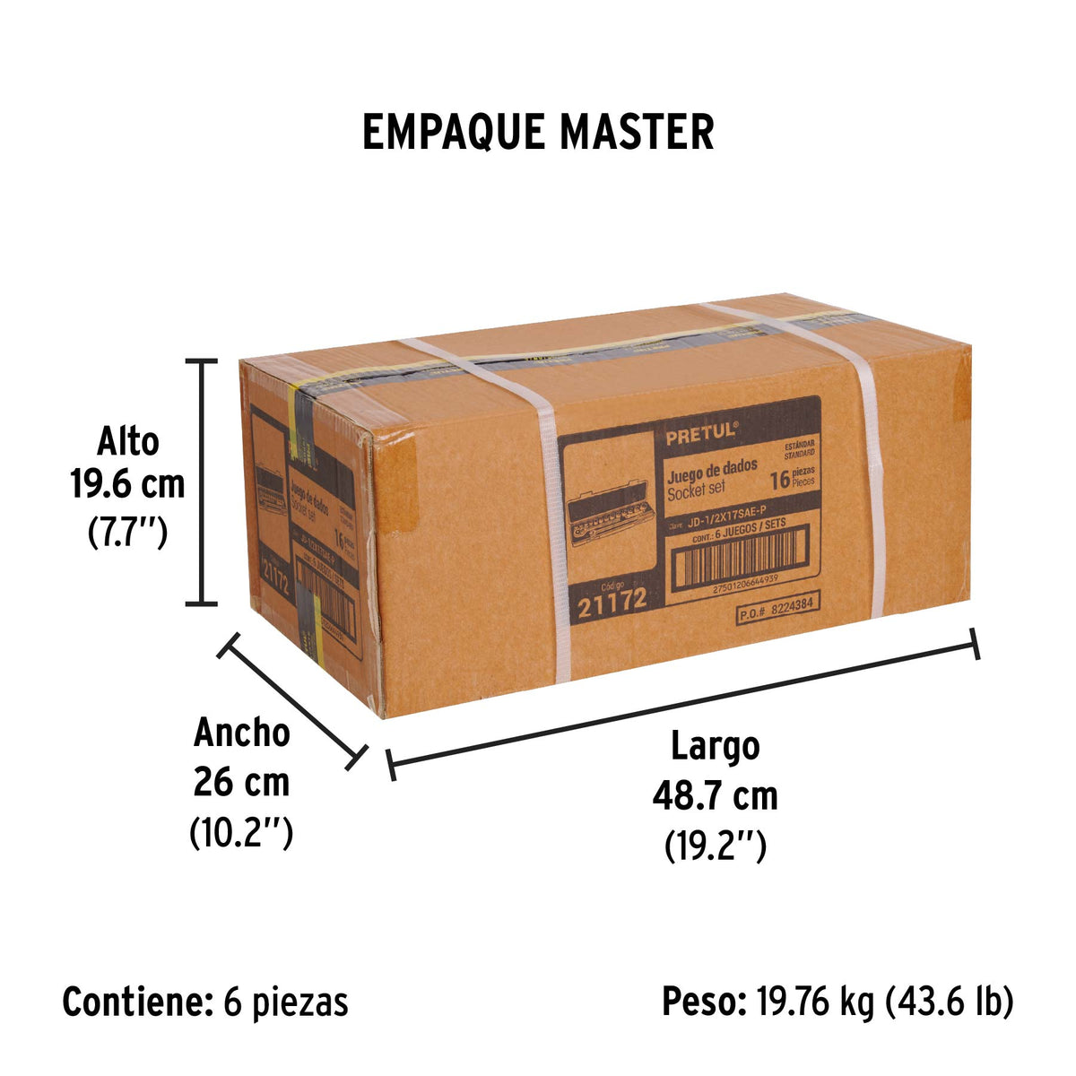 Juego de dados, cuadro 1/2", 16 pzas, standard, Pretul