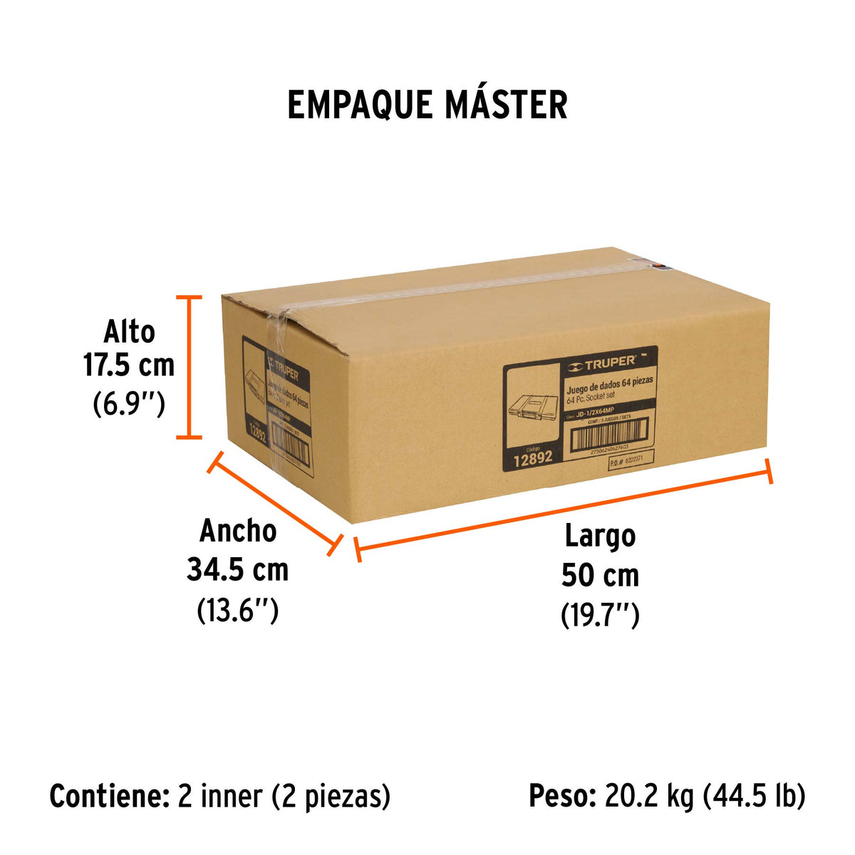 Juego de dados, cuadro 1/2", 64 piezas, std y mm