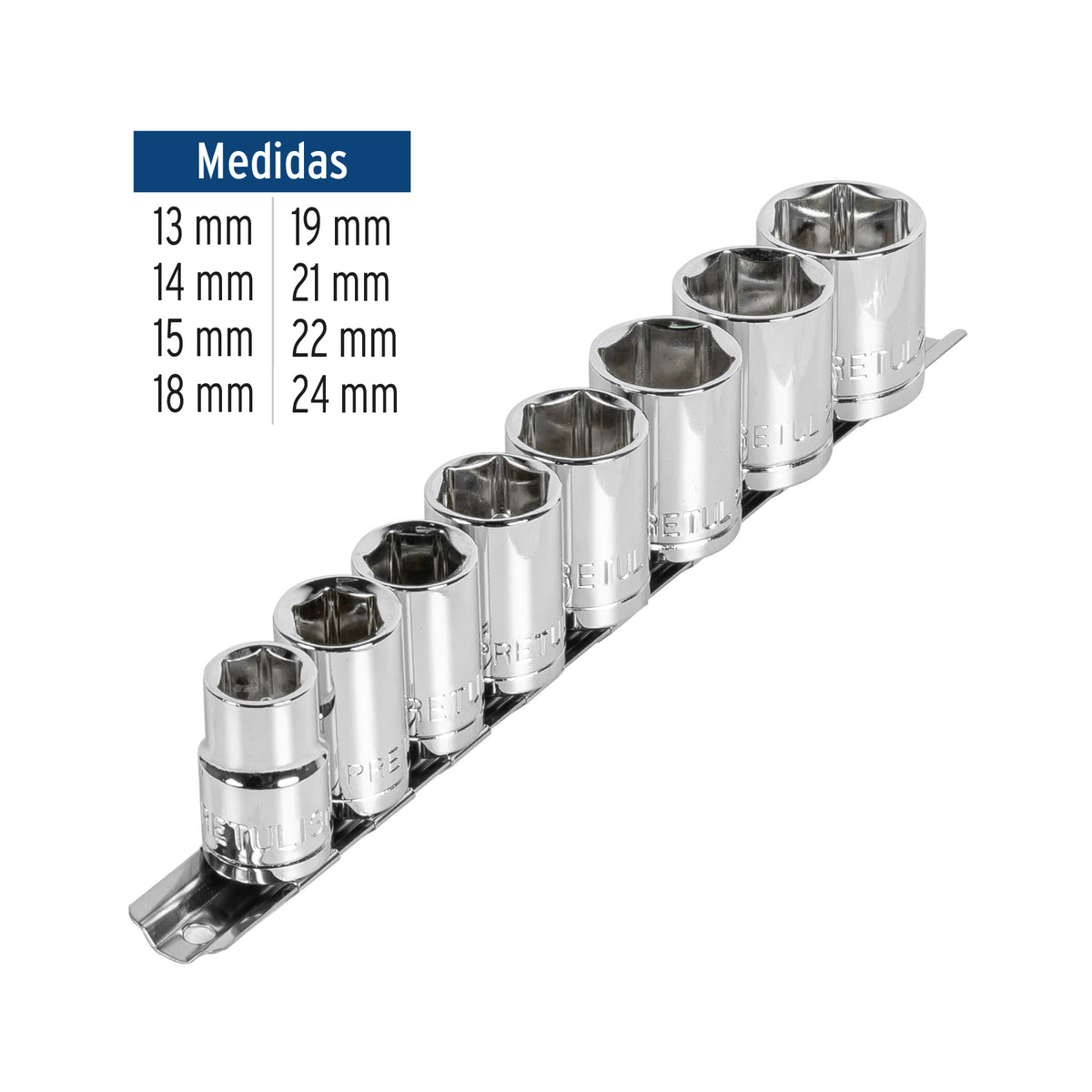 Juego dados, cuadro 1/2", 9 piezas, milimétricos, pretul