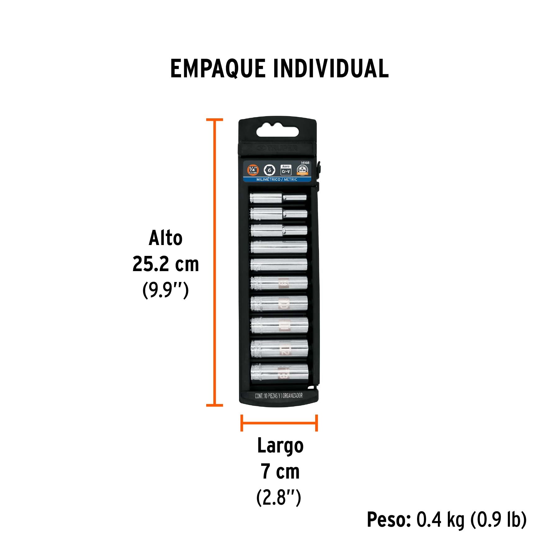 Juego de dados largos, cuadro 1/4", 10 piezas, milimétricos
