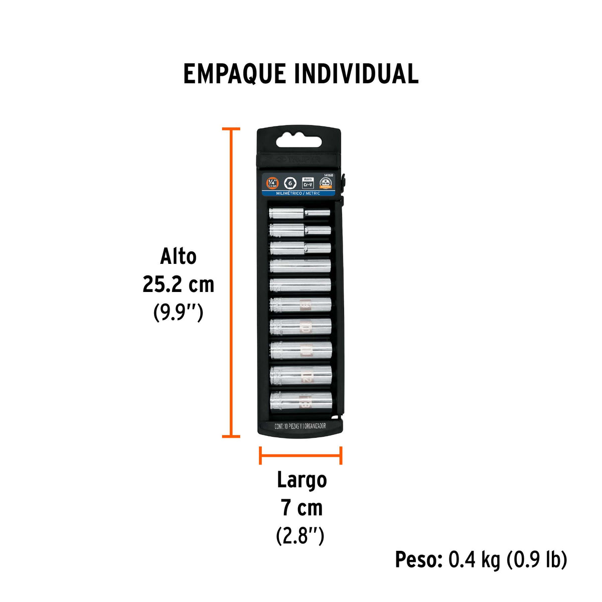 Juego de dados largos, cuadro 1/4", 10 piezas, milimétricos