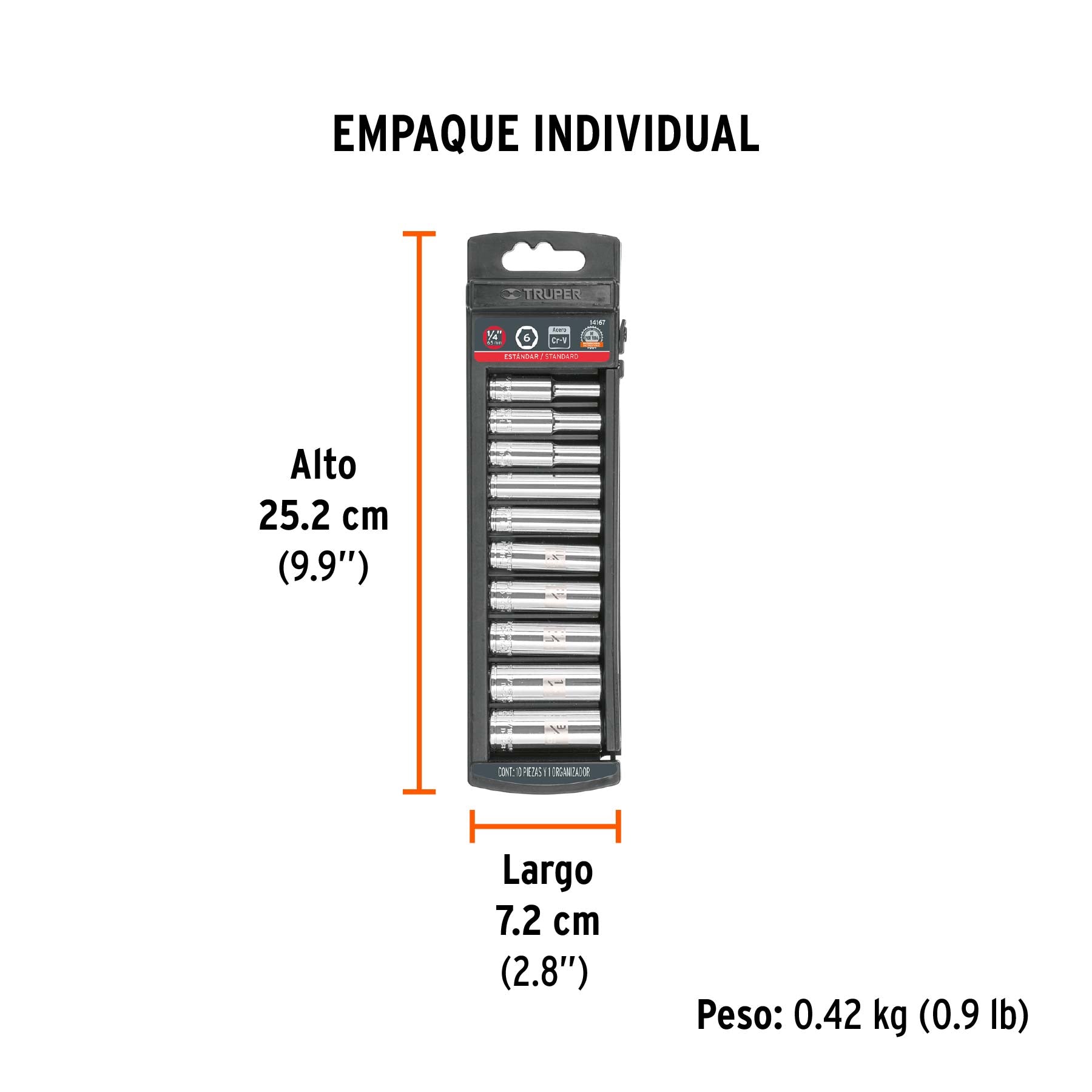 Juego de 10 dados largos, cuadro 1/4", standard