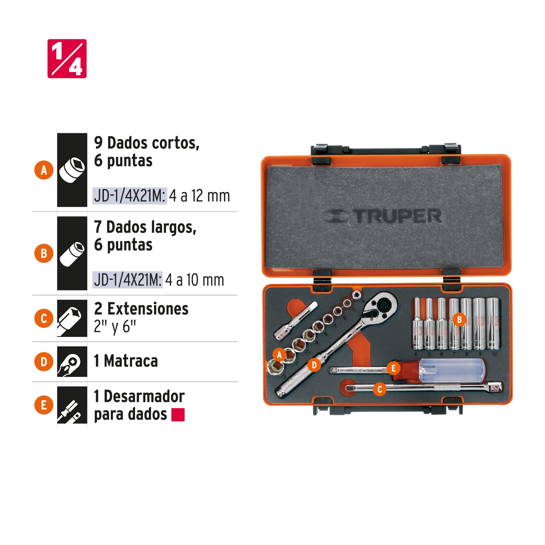 Juego de autoclé, cuadro 1/4", 20 piezas, milimétricos