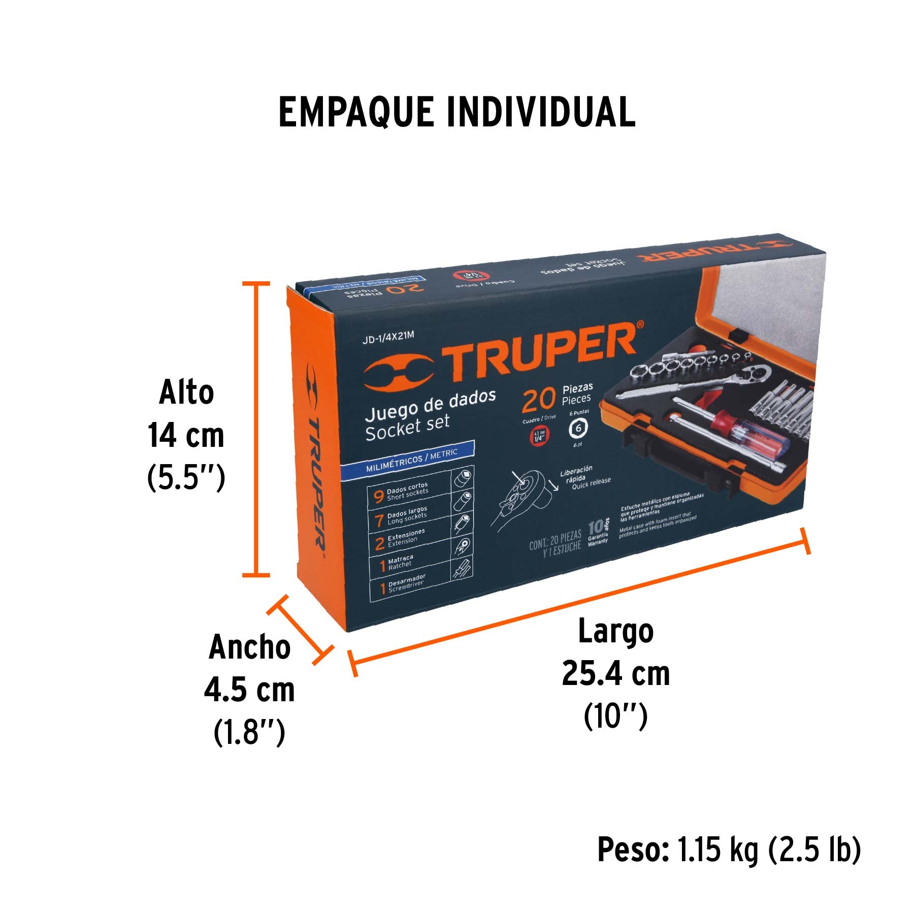 Juego de autoclé, cuadro 1/4", 20 piezas, milimétricos