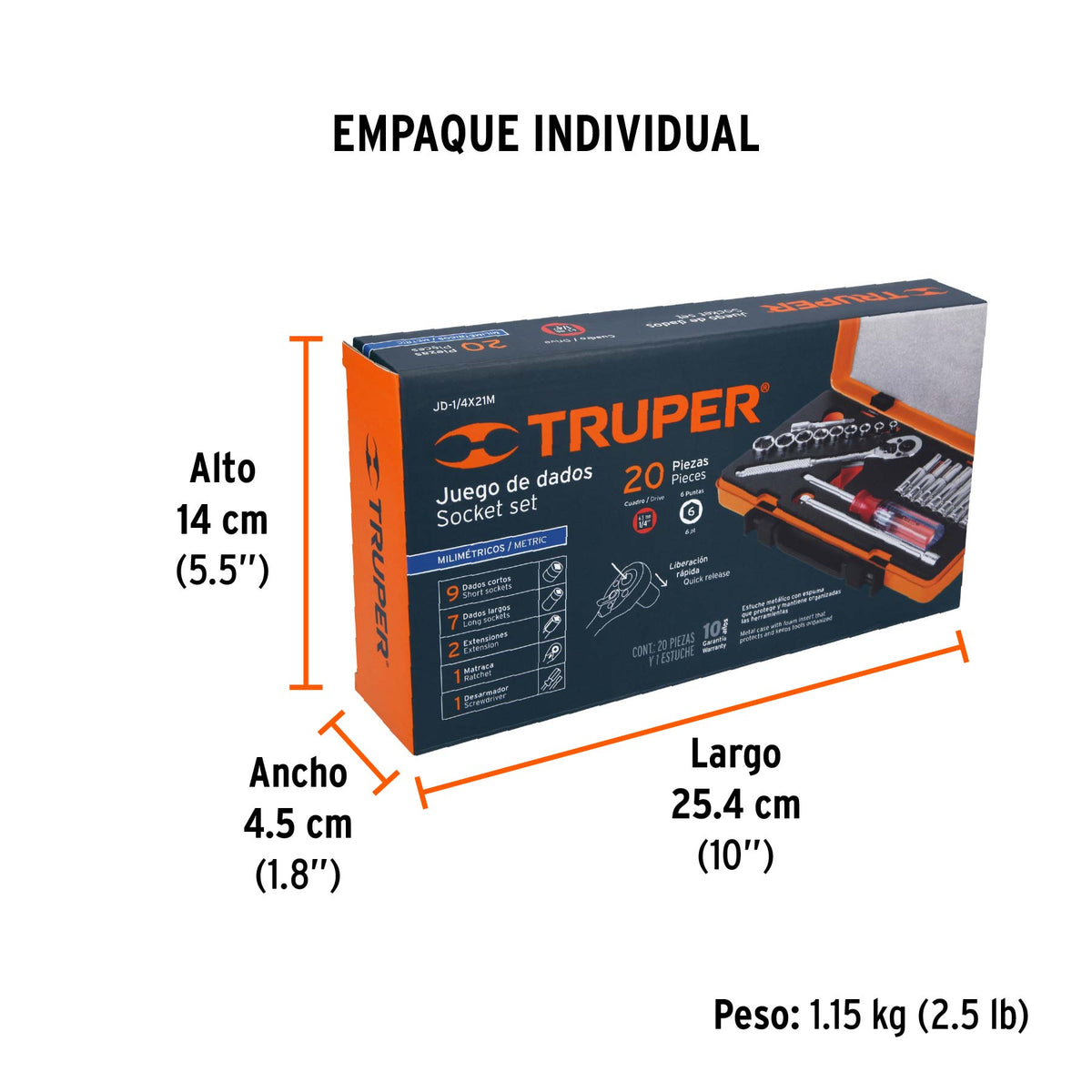 Juego de autoclé, cuadro 1/4", 20 piezas, milimétricos