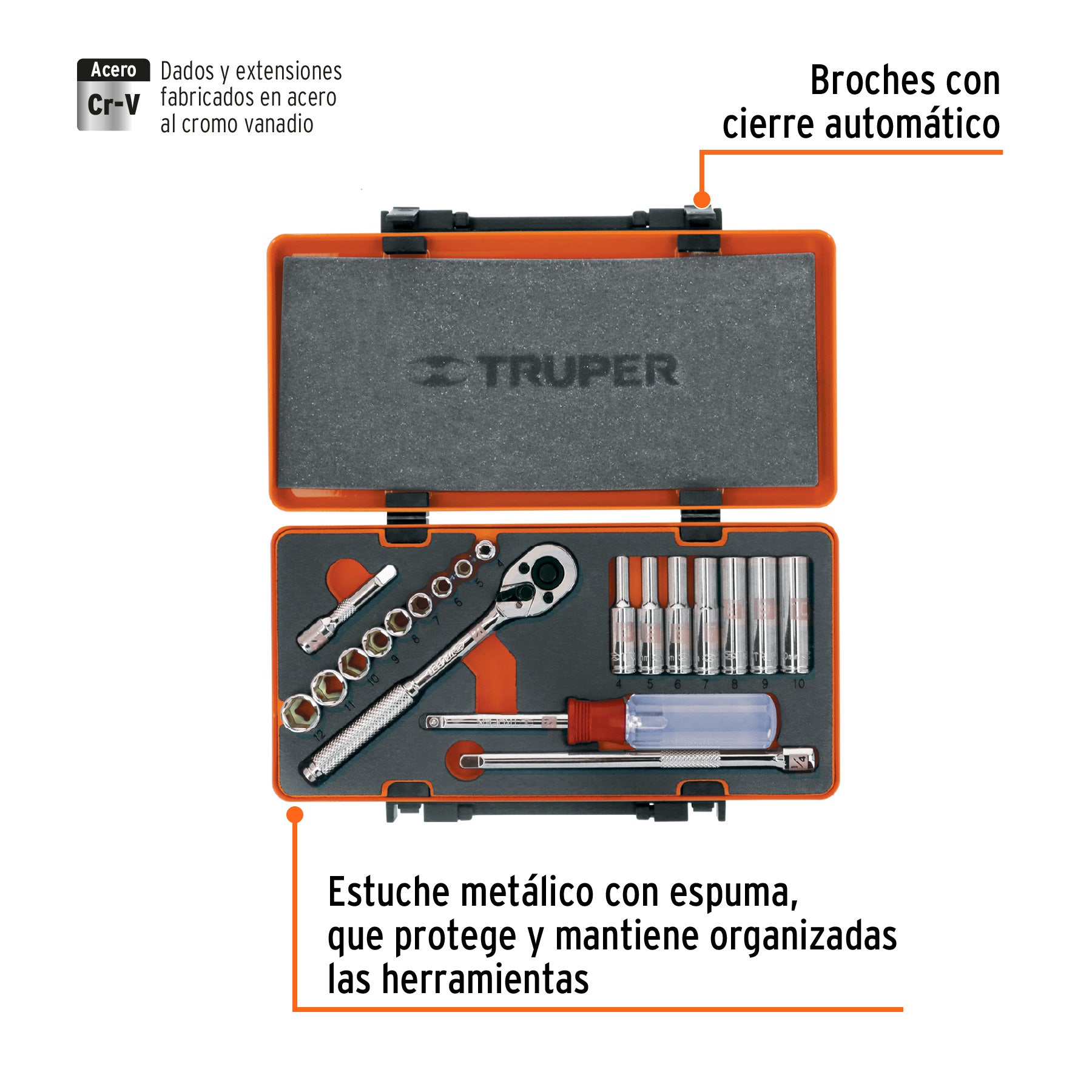Juego de autoclé, cuadro 1/4", 20 piezas, milimétricos