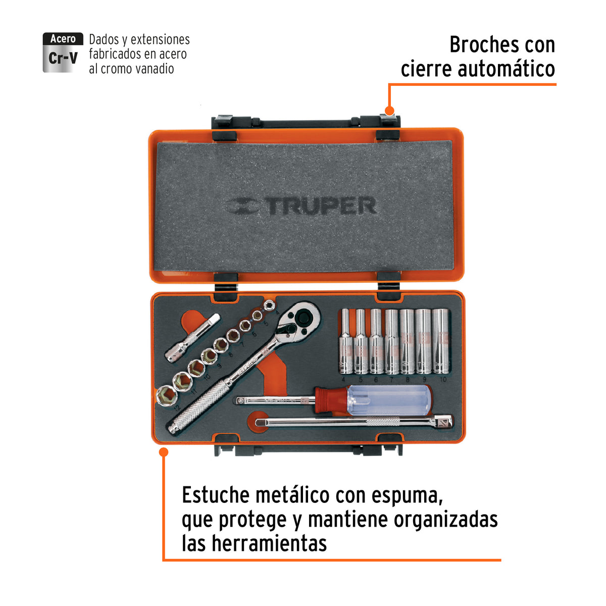Juego de autoclé, cuadro 1/4", 20 piezas, milimétricos