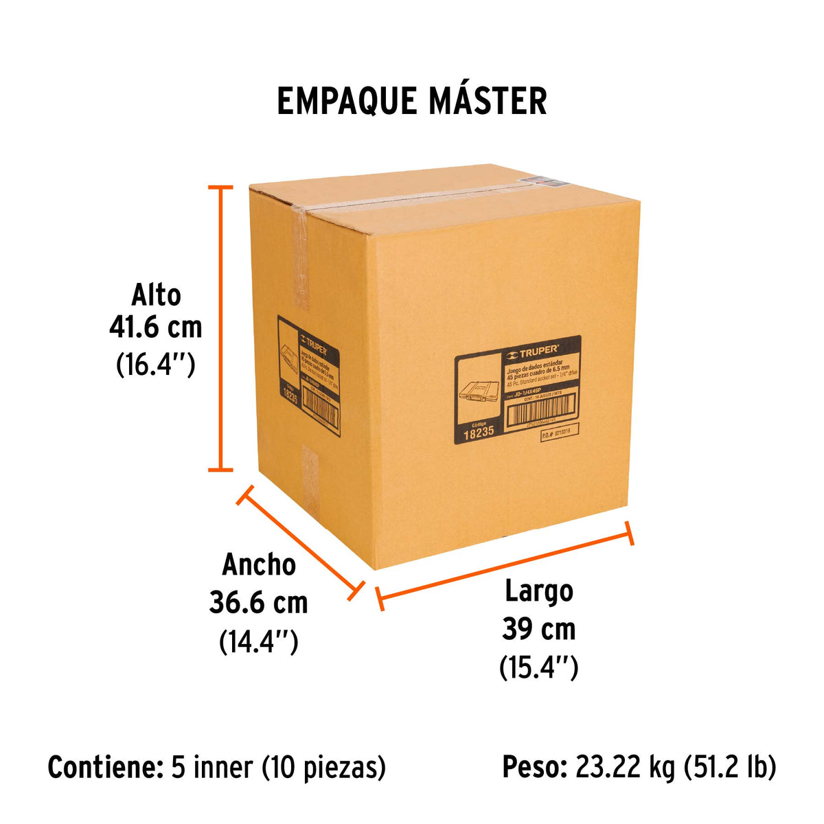 Juego de dados, cuadro 1/4", 45 piezas
